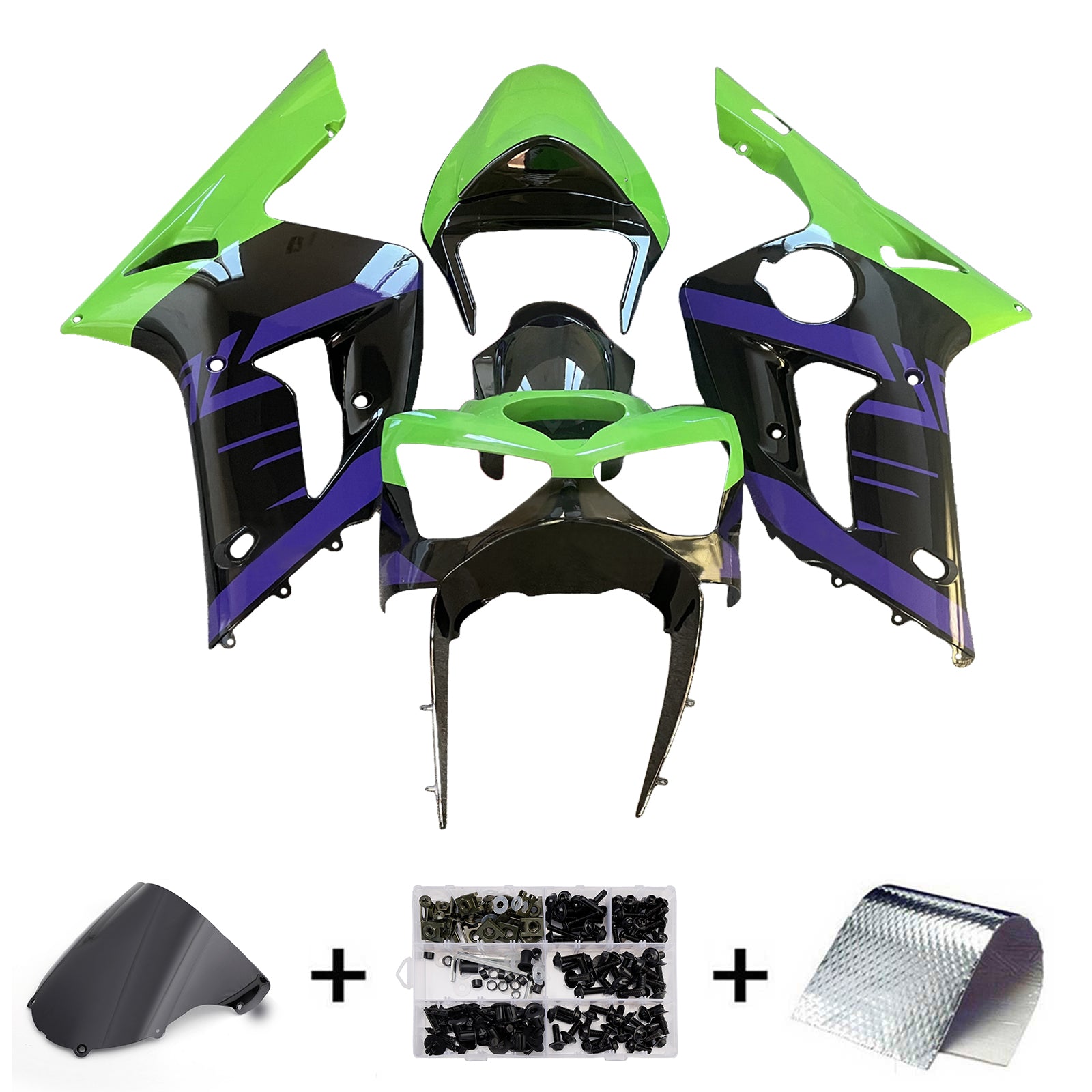 Amotopart 2003-2004 Kawasaki ZX6R 636 Purple Green Black Dehnung Kit