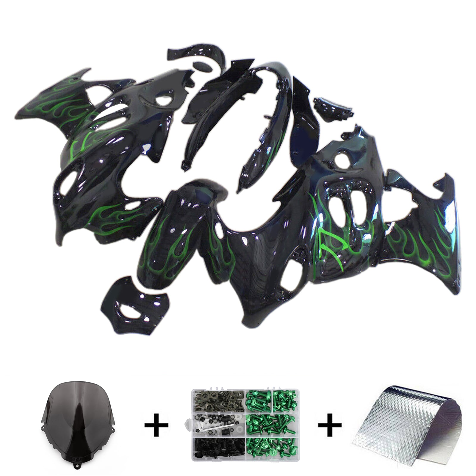 Amotopart 1998-2006 Suzuki Katana GSX600F GSX750F Gloss Black with Green Flame Fairing Kit