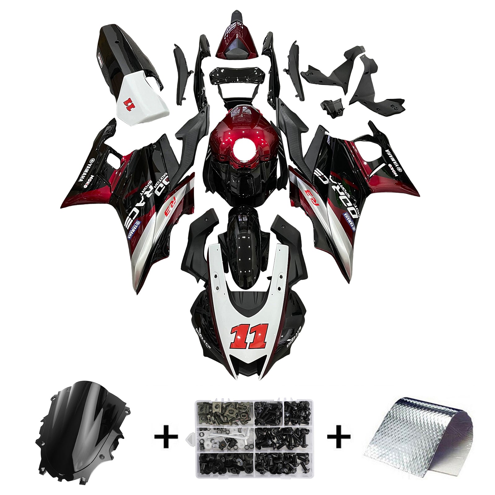 Kit de carénage Amotopart Yamaha 2019-2021 YZF R3/YZF R25 rouge et noir Style3