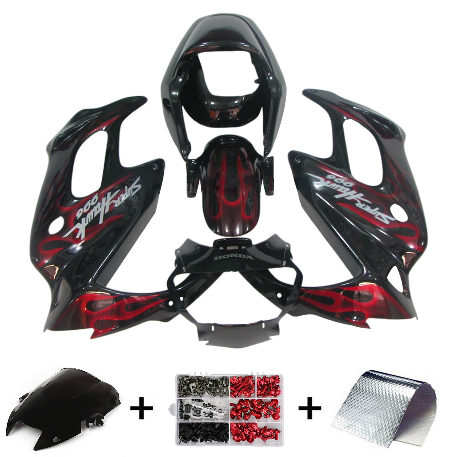 Amotopart 1997-2005 VTR1000F Honda Black&Red Flame Fairing Kit