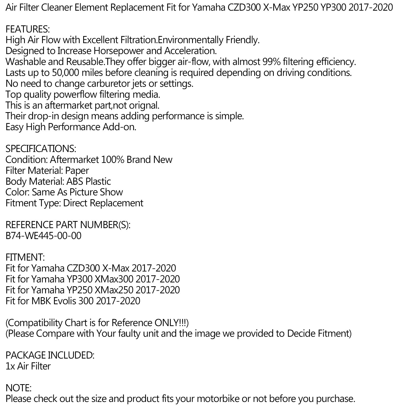 Luftfilterreiniger passend für Yamaha X-Max XMAX 250 300 CZD300 2017 2018 2019 2020