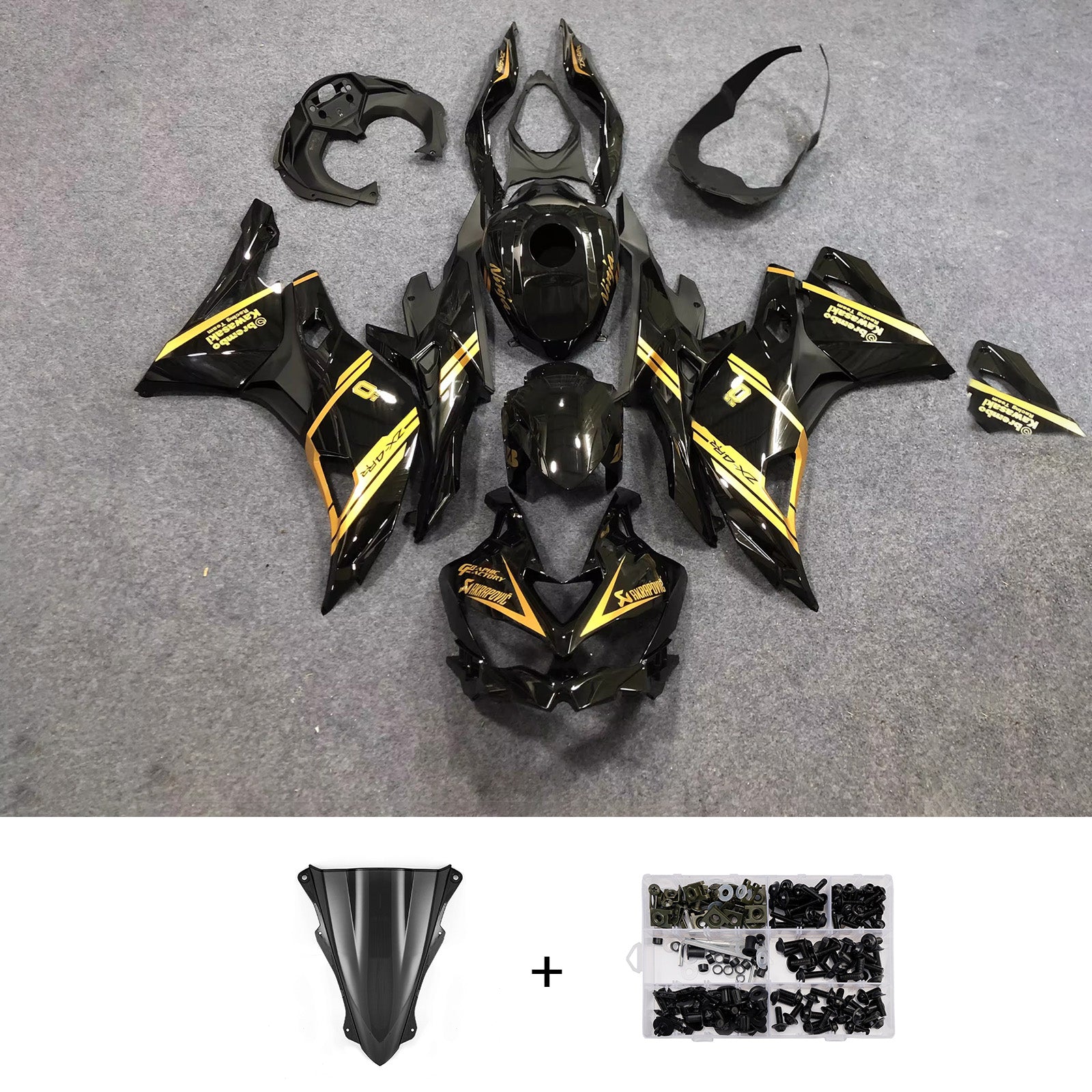 Amotopart 2019-2022 Kawasaki Ninja ZX-25R 2023-2025 Kawasaki Ninja ZX-4R/ZX-4RR Black Gold Fairing Kit