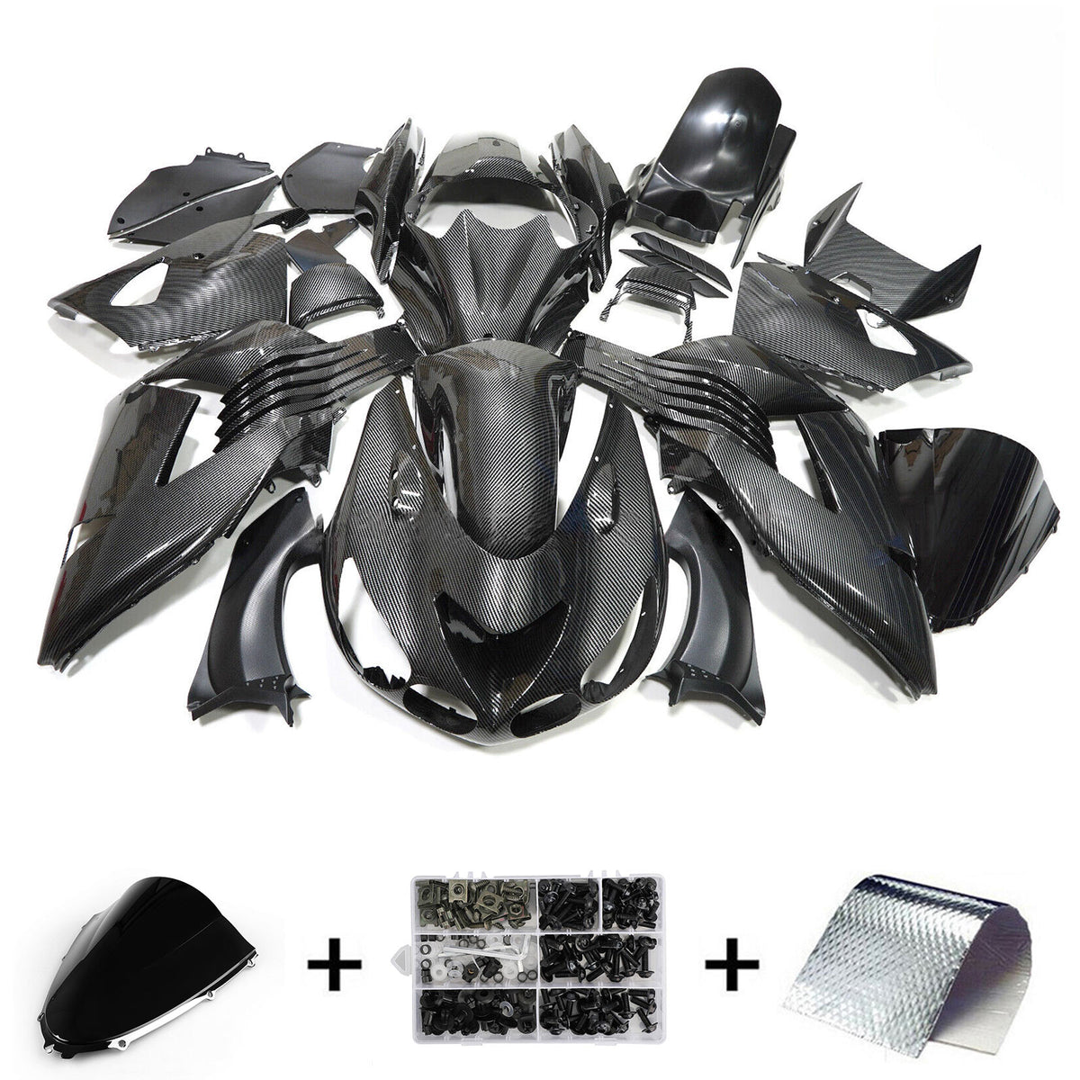 Amotopart Kit de carénage noir en fibre de carbone pour Kawasaki ZX14R ZZR1400 2006-2011