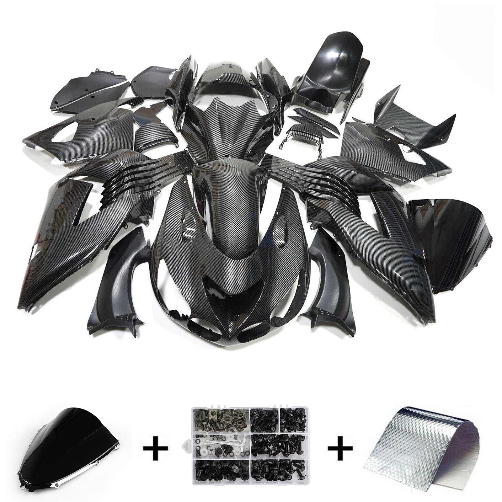 Amotopart Verkleidungssatz für Kawasaki ZX14R ZZR1400, Karbonfaser, Schwarz, 2006–2011