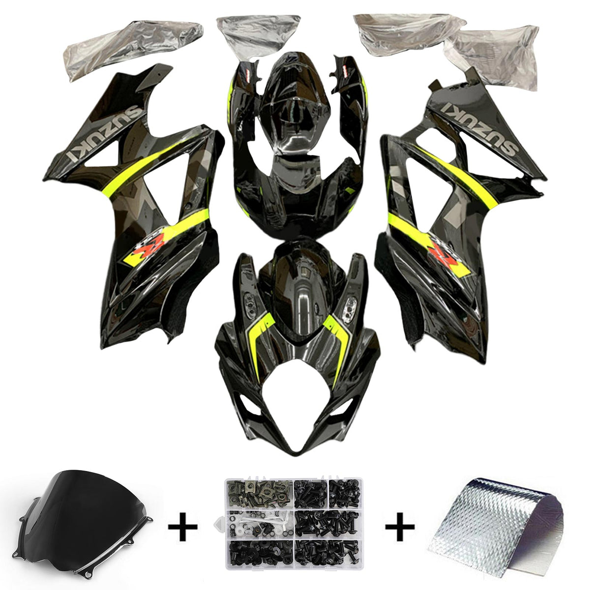 Amotopart 2007-2008 Suzuki GSXR1000 K7 Kit de carenado negro y amarillo