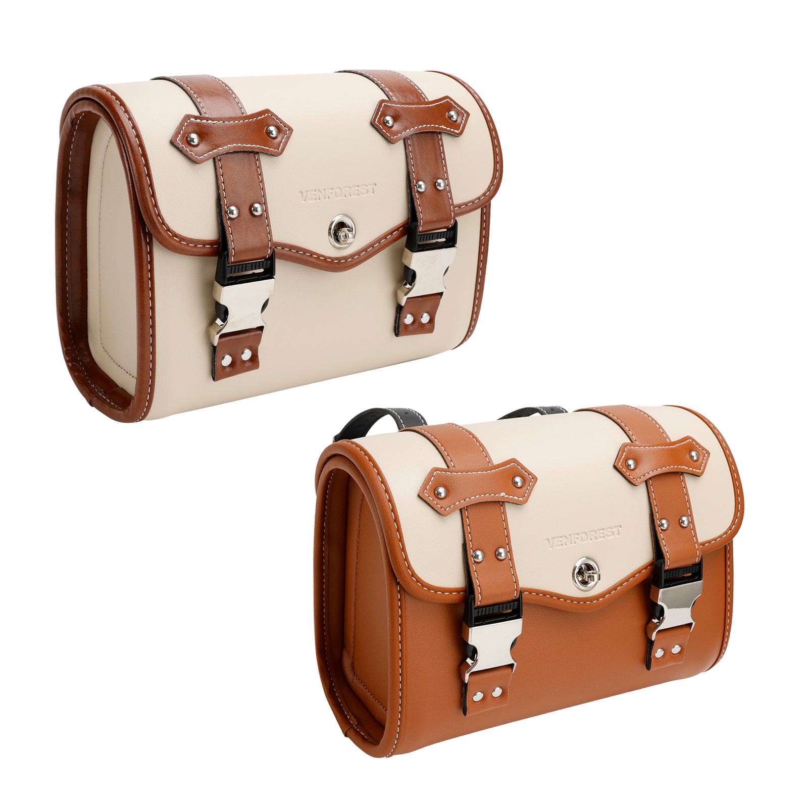 Color Matching Side Saddlebag Tool Bag Luggage Pouch Storage Pu For Motorbike Brown-White