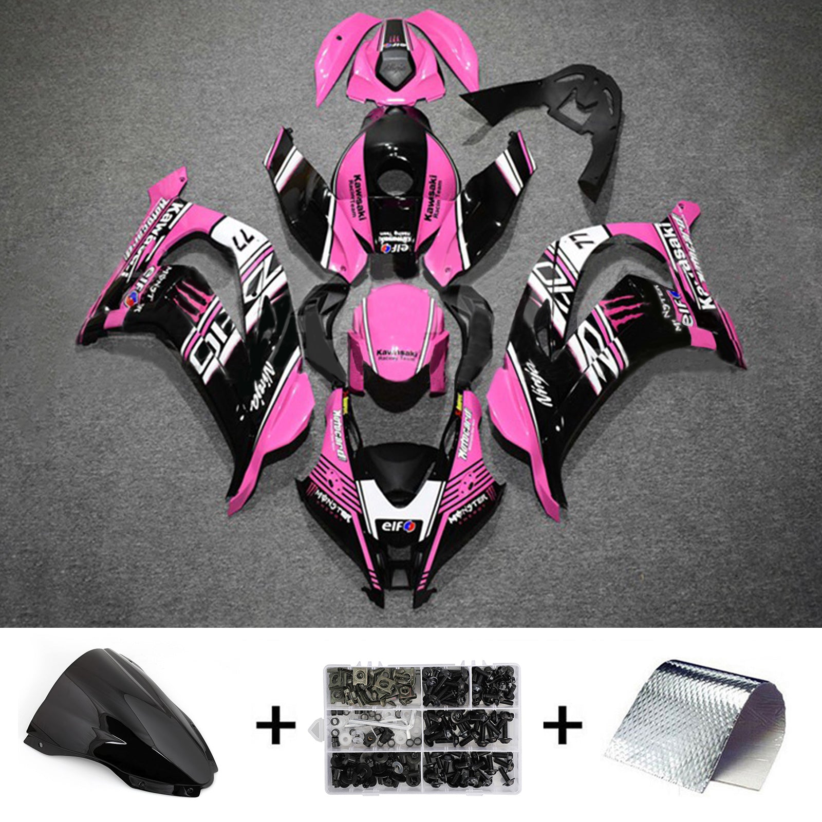 Amotopart 2016–2020 Kawasaki ZX10R Pink &amp; Schwarz Verkleidungsset