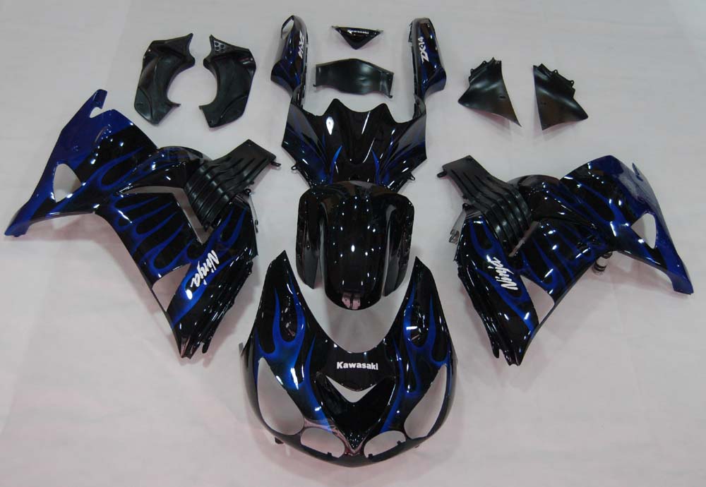 Amotopart 2006-2011 Kawasaki ZX14R Black with Blue Flame Fairing Kit