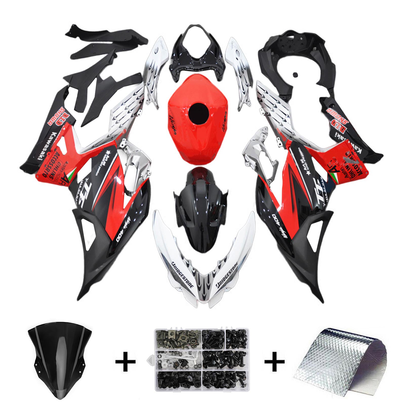 Amotopart Kit de carénage Kawasaki EX400 Ninja400 rouge et noir Style1 2018-2024