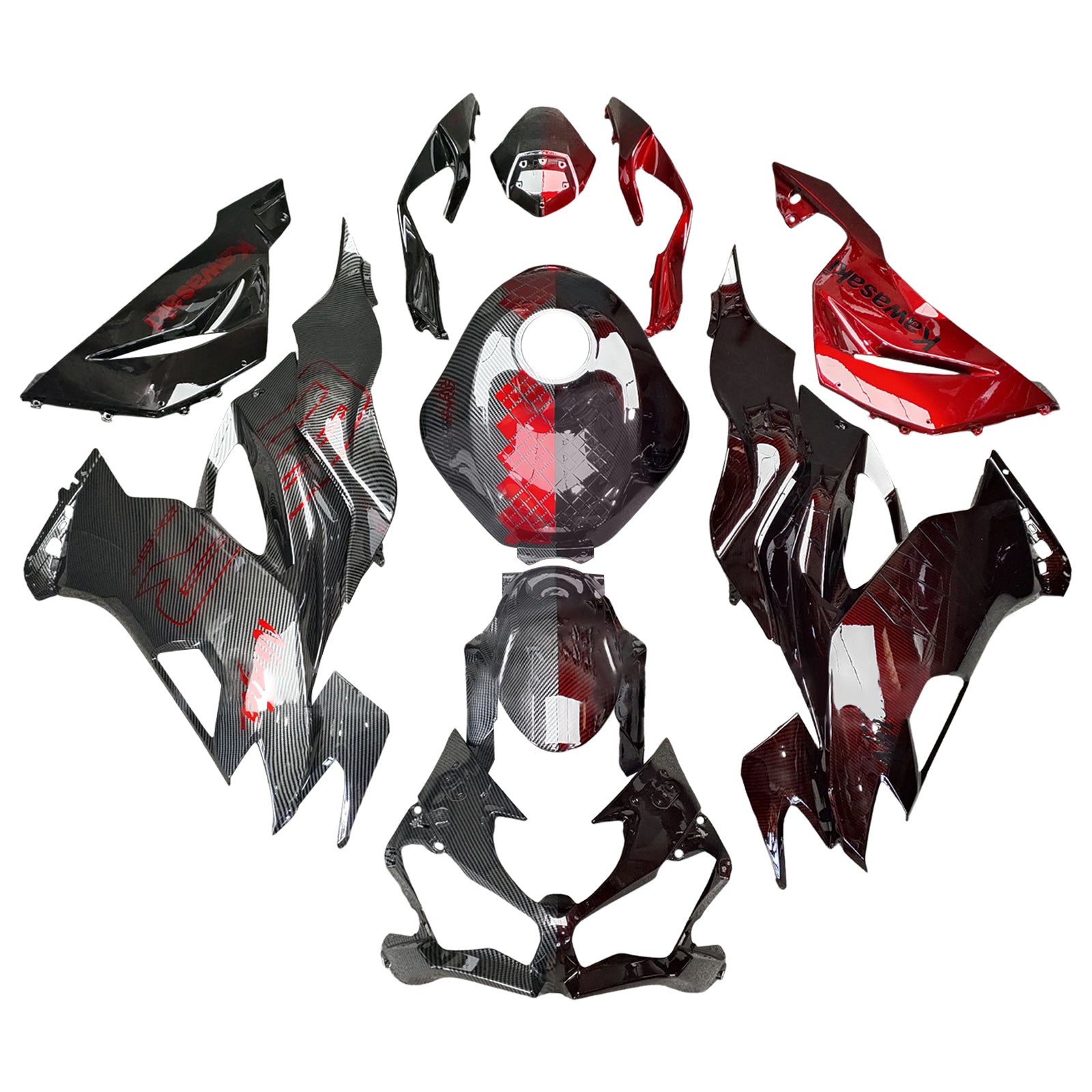 Amotopart 2019-2023 Kawasaki ZX6R Red & Carbon Fiber Pattern Fairing Kit