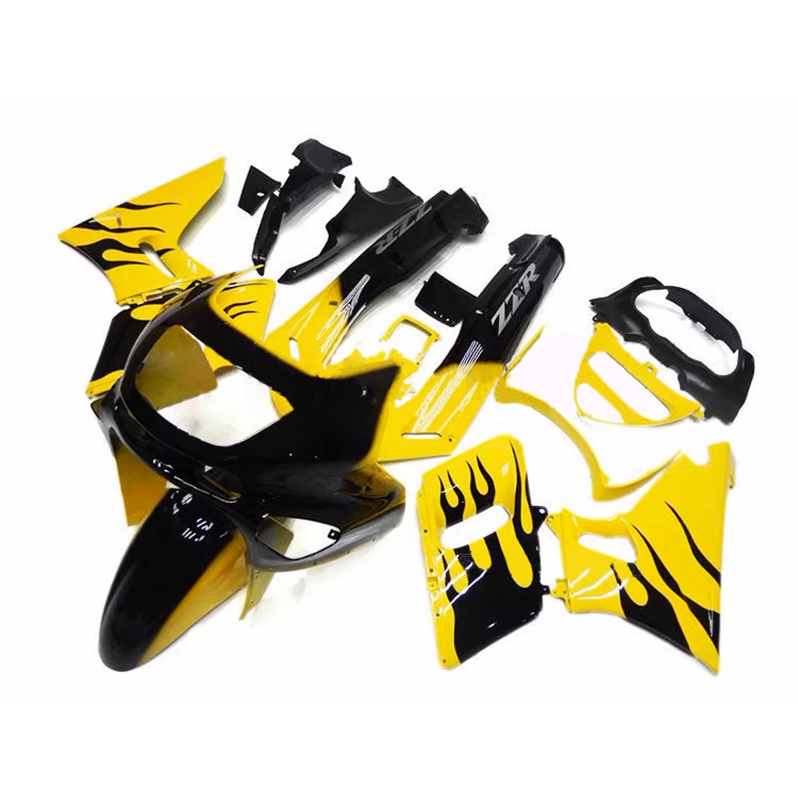 Amotopart ZZR400 1993-2007 ZZR600 1998-2003 Kawasaki Yellow with Black Flame Fairing Kit