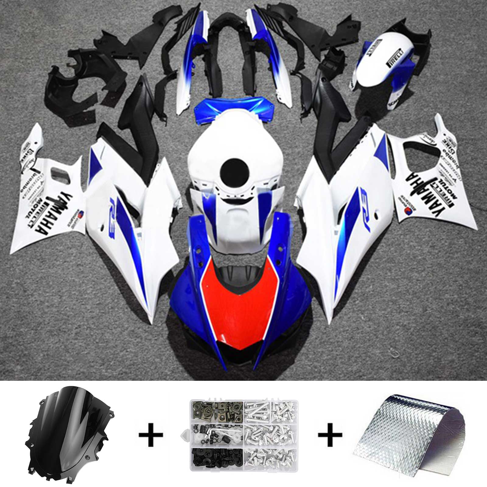 Amotopart 2022-2023 Yamaha YZF-R3 R25 Kit de carenado blanco y azul Style1