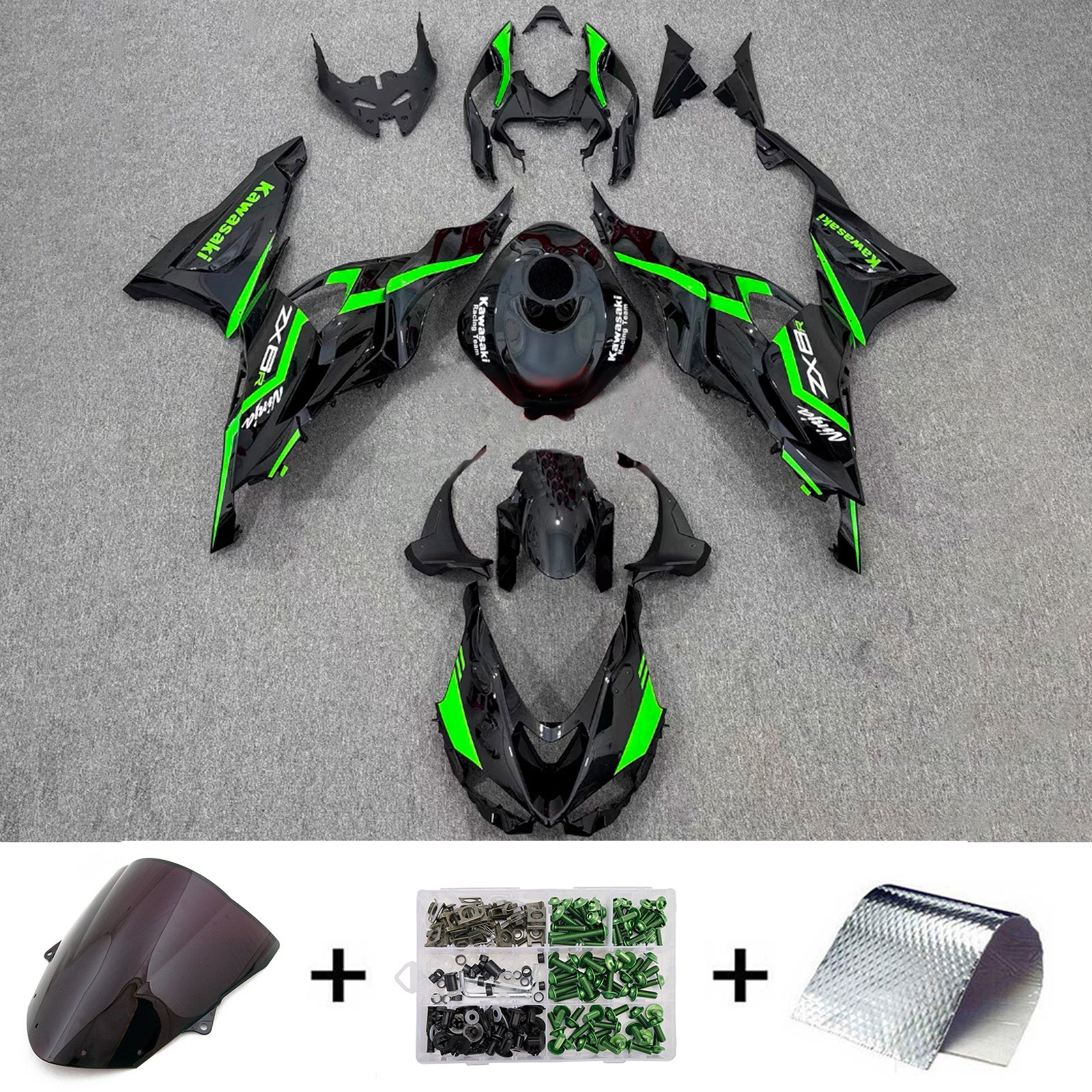 Amotopart 2024-2025 Kawasaki ZX-6R Black Green Fairing Kit