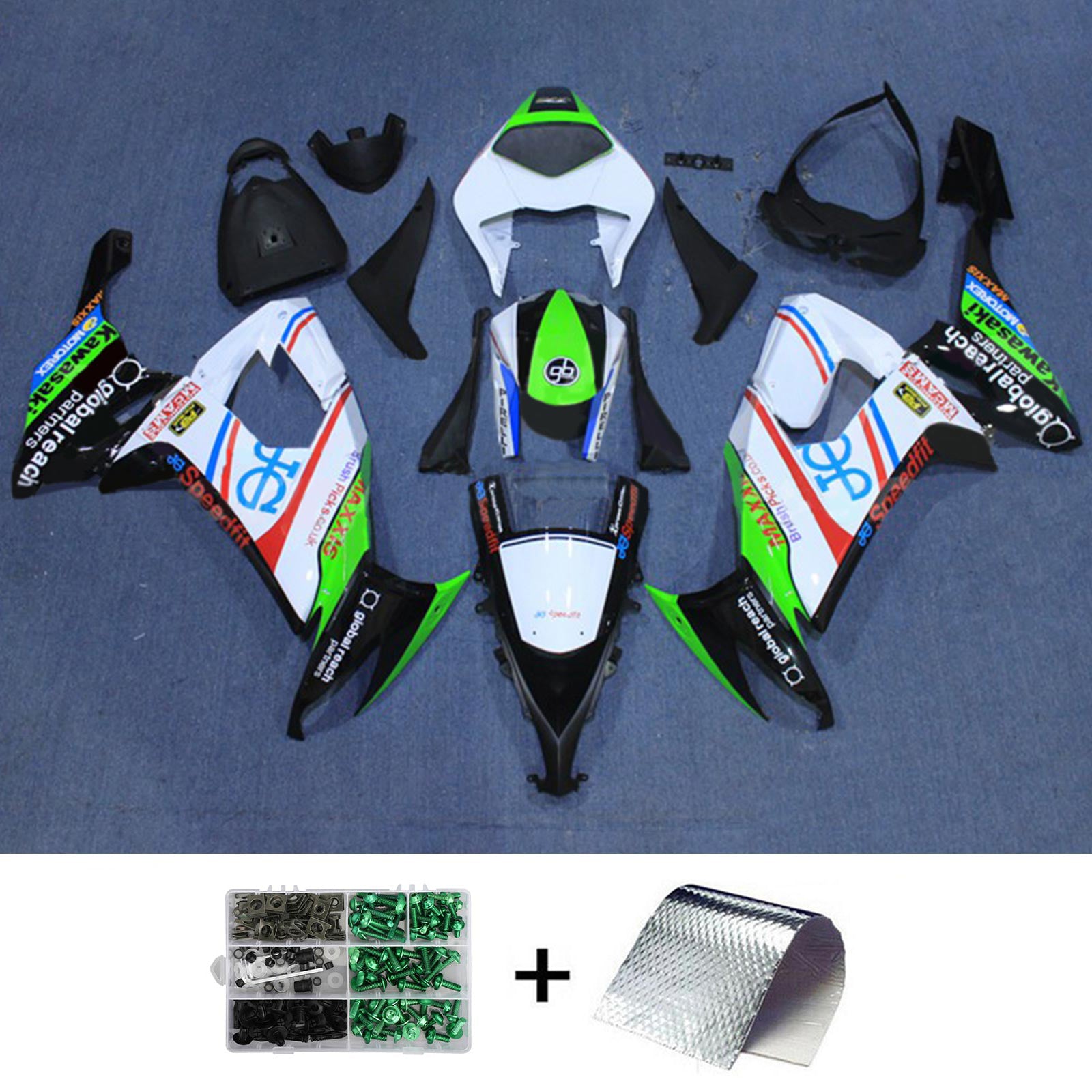 Amotopart 2008–2010 Kawasaki ZX10R Grün-Weiß Style3 Verkleidungsset