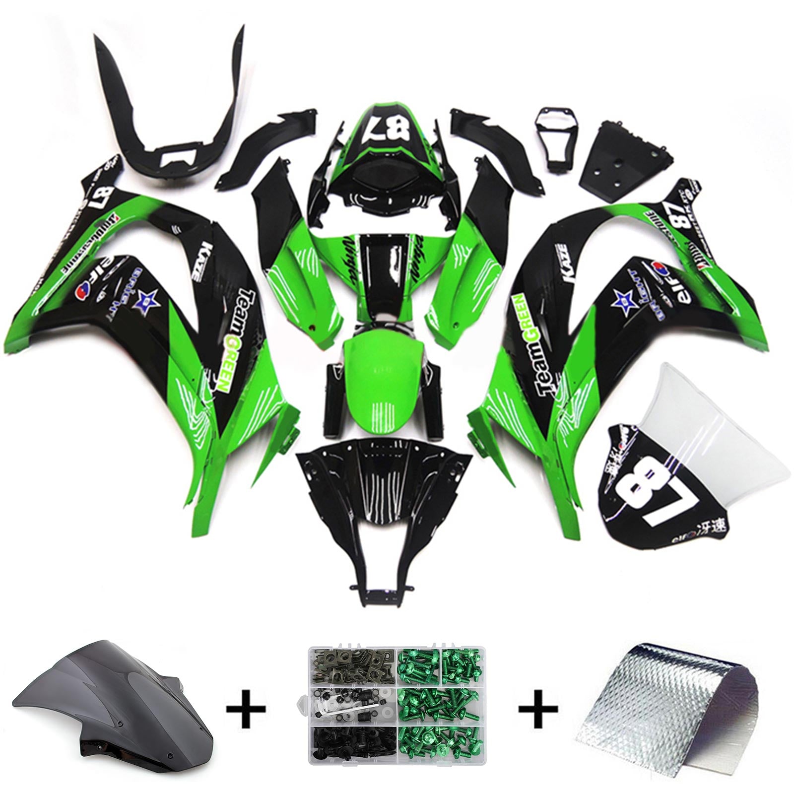 Amotopart 2011-2015 Kit de carénage Kawasaki ZX10R vert et noir Style3