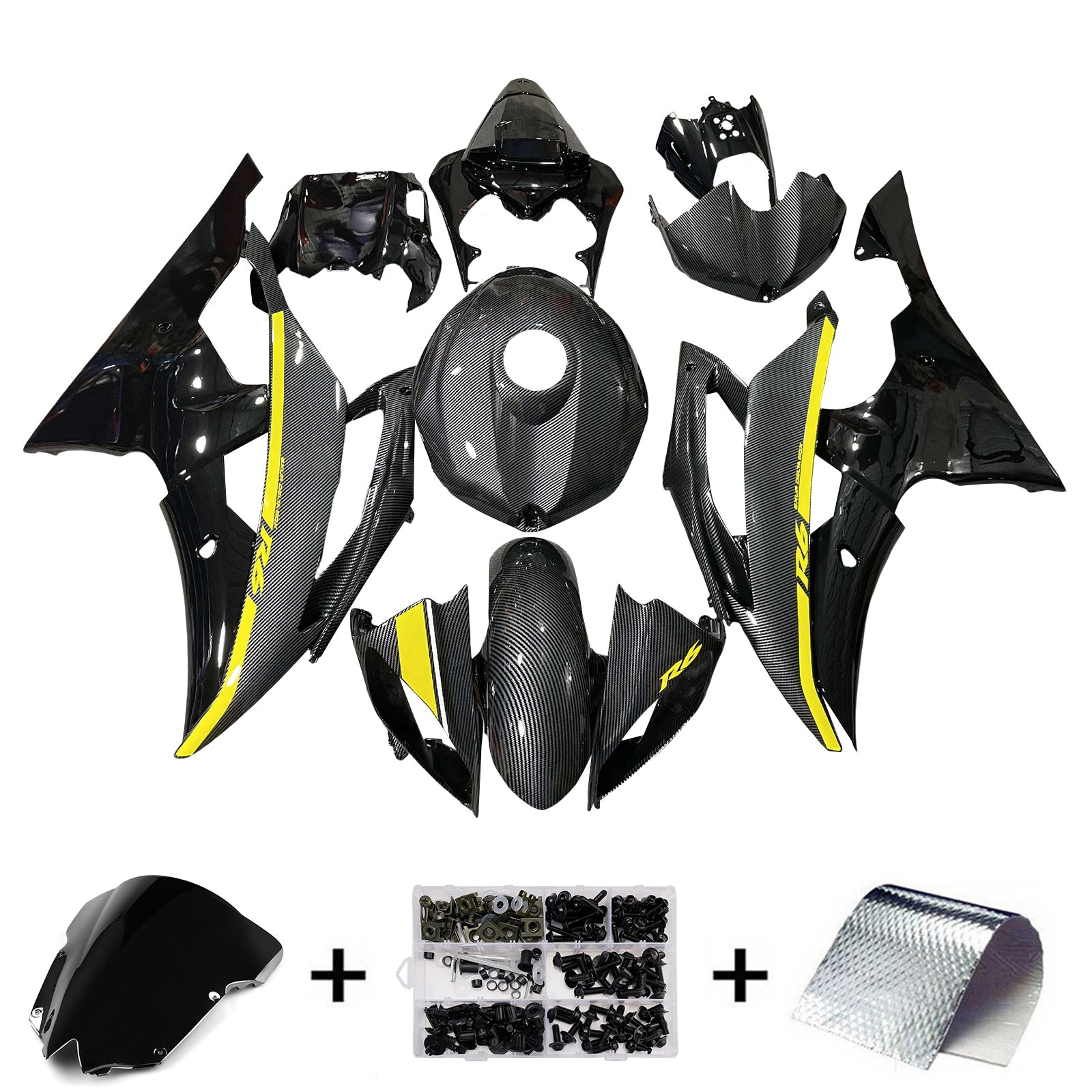 Amotopart 2008-2016 Yamaha YZF-R6 Yellow & Black Carbon Fiber Pattern Fairing Kit