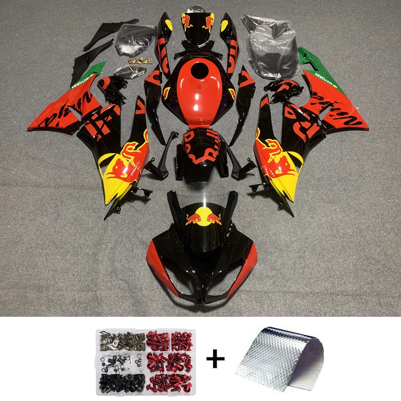 Amotopart 2009-2012 Kawasaki ZX6R 636 Black Red Yellow Redbull Fairing Kit