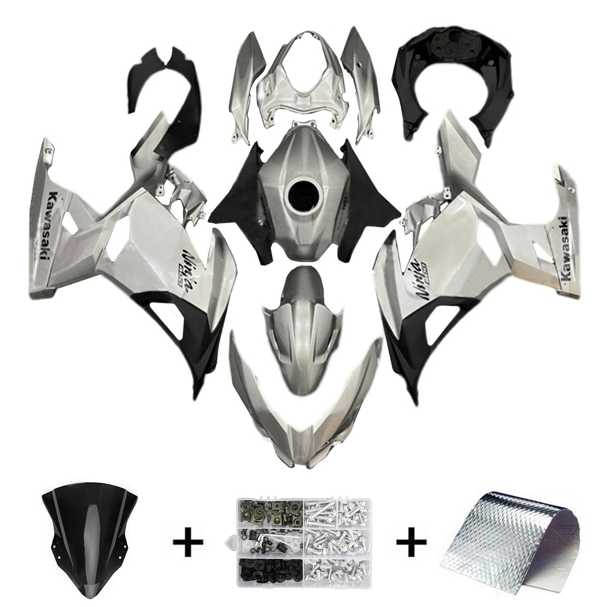 Amotopart 2018-2024 Kawasaki EX400 Ninja400 Kit de carenado gris y plateado