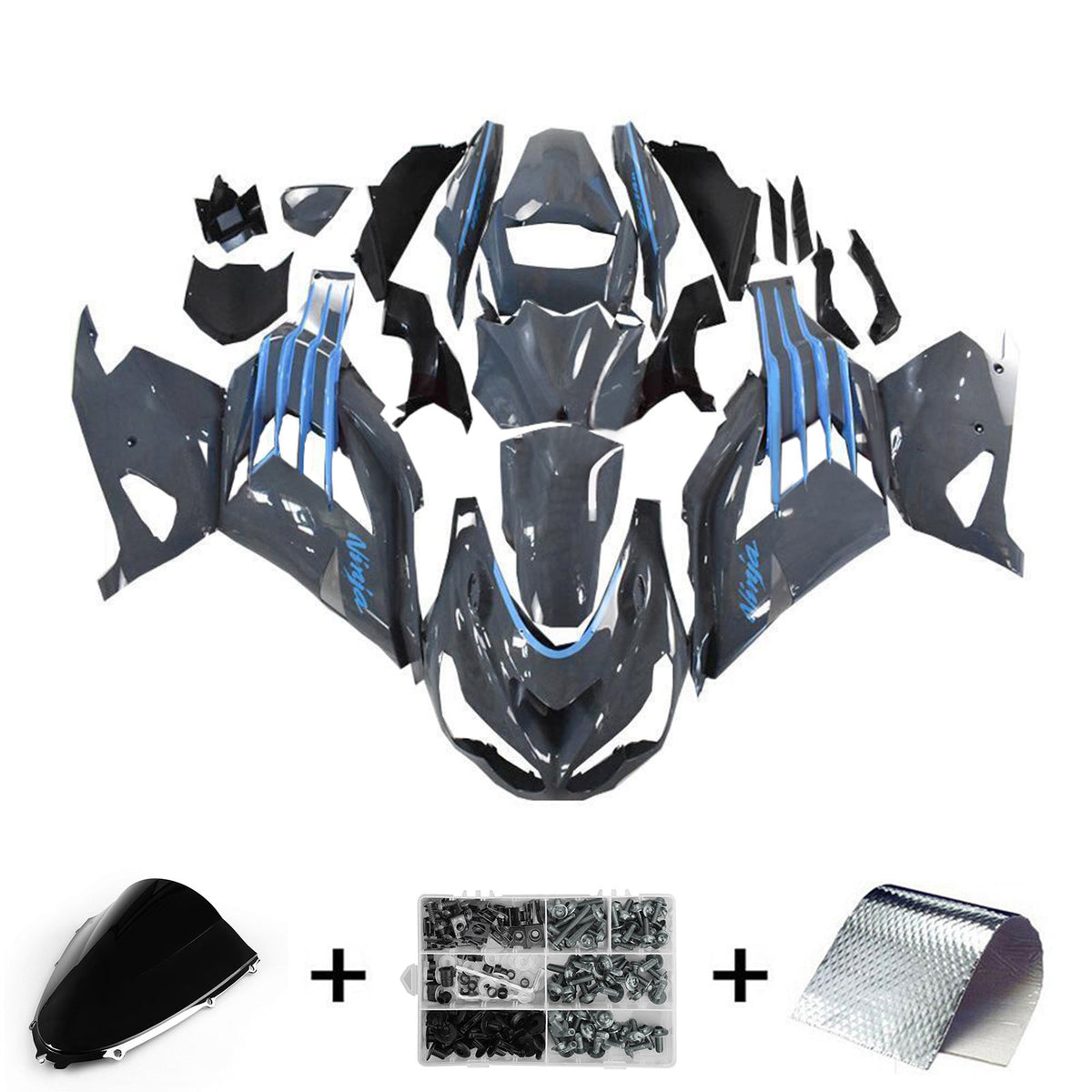 Amotopart 2012-2022 Kawasaki ZX14R ZZR1400 Gray Black & Blue Fairing Kit