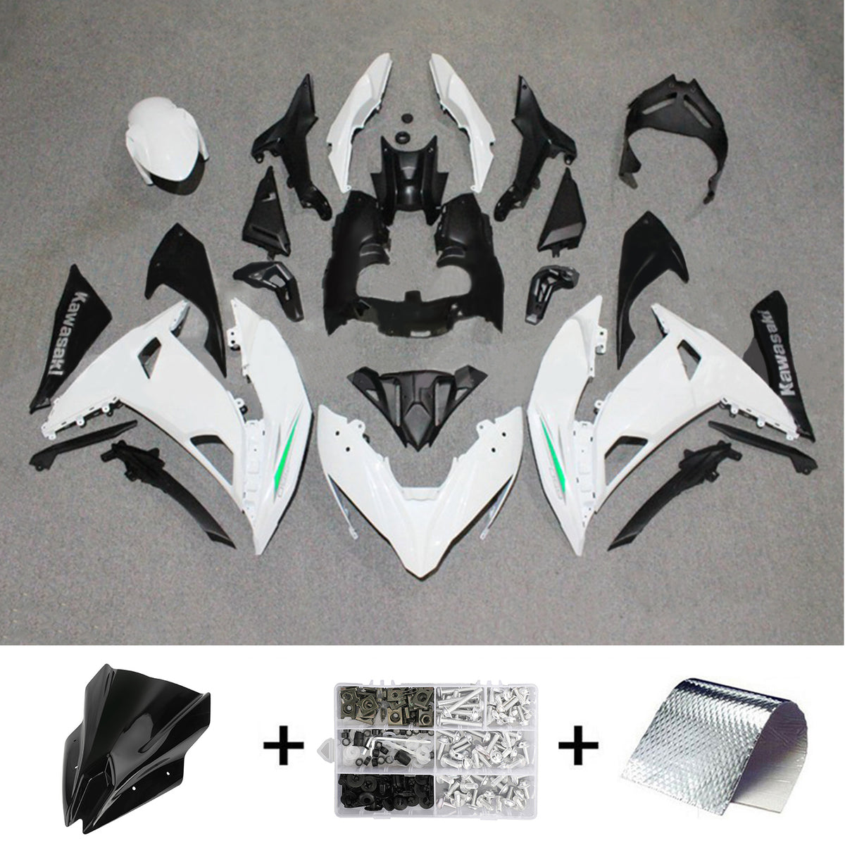 Amotopart 2017-2019 Kawasaki ER6F/Ninja650R Kit de carénage blanc avec bande verte Style2