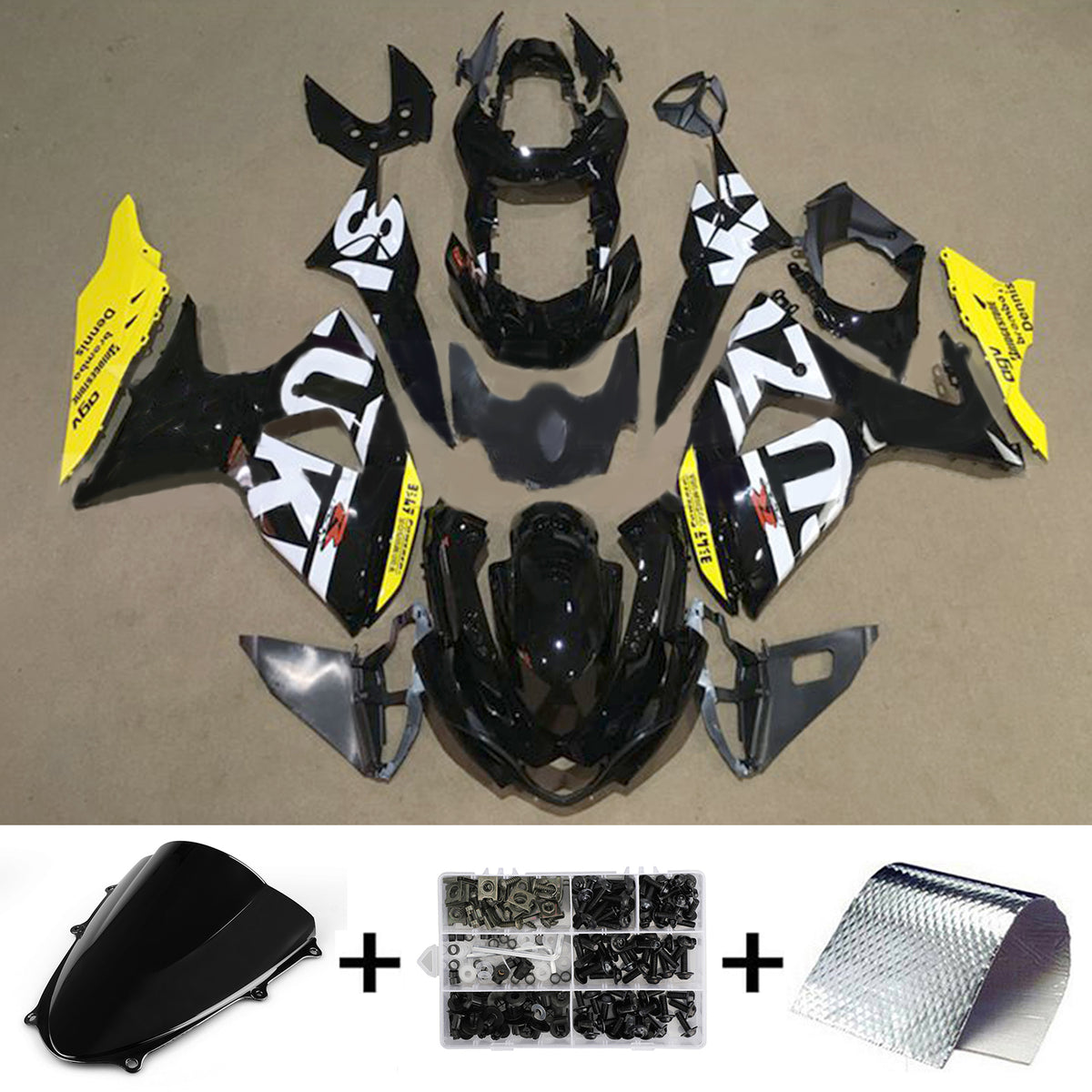 Amotopart 2009-2016 K9 GSXR1000 Suzuki Kit de carenado negro con detalles en amarillo