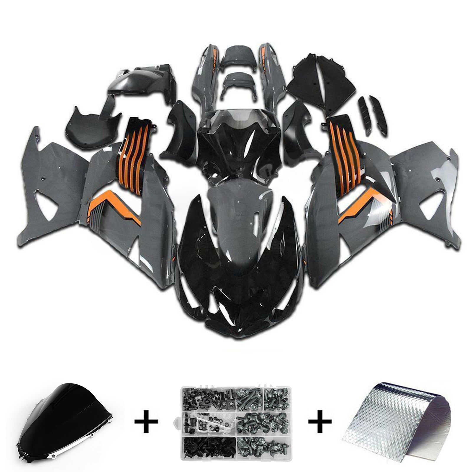 Amotopart 2006-2011 Kawasaki ZX14R ZZR1400 Kit de carenado negro gris y naranja