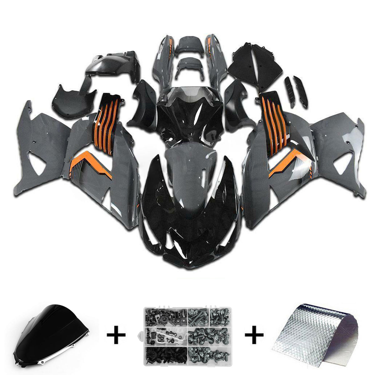 Amotopart 2006-2011 Kawasaki ZX14R ZZR1400 Kit de carénage noir gris et orange