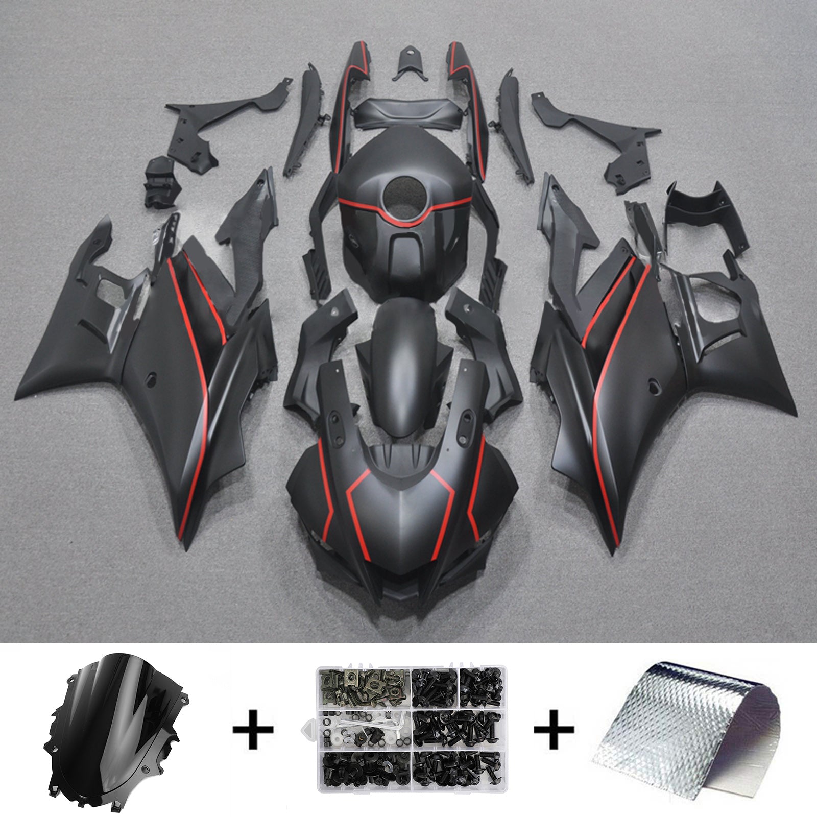 Kit de carénage Amotopart 2022-2024 Yamaha YZF-R3 & R25 noir mat rouge