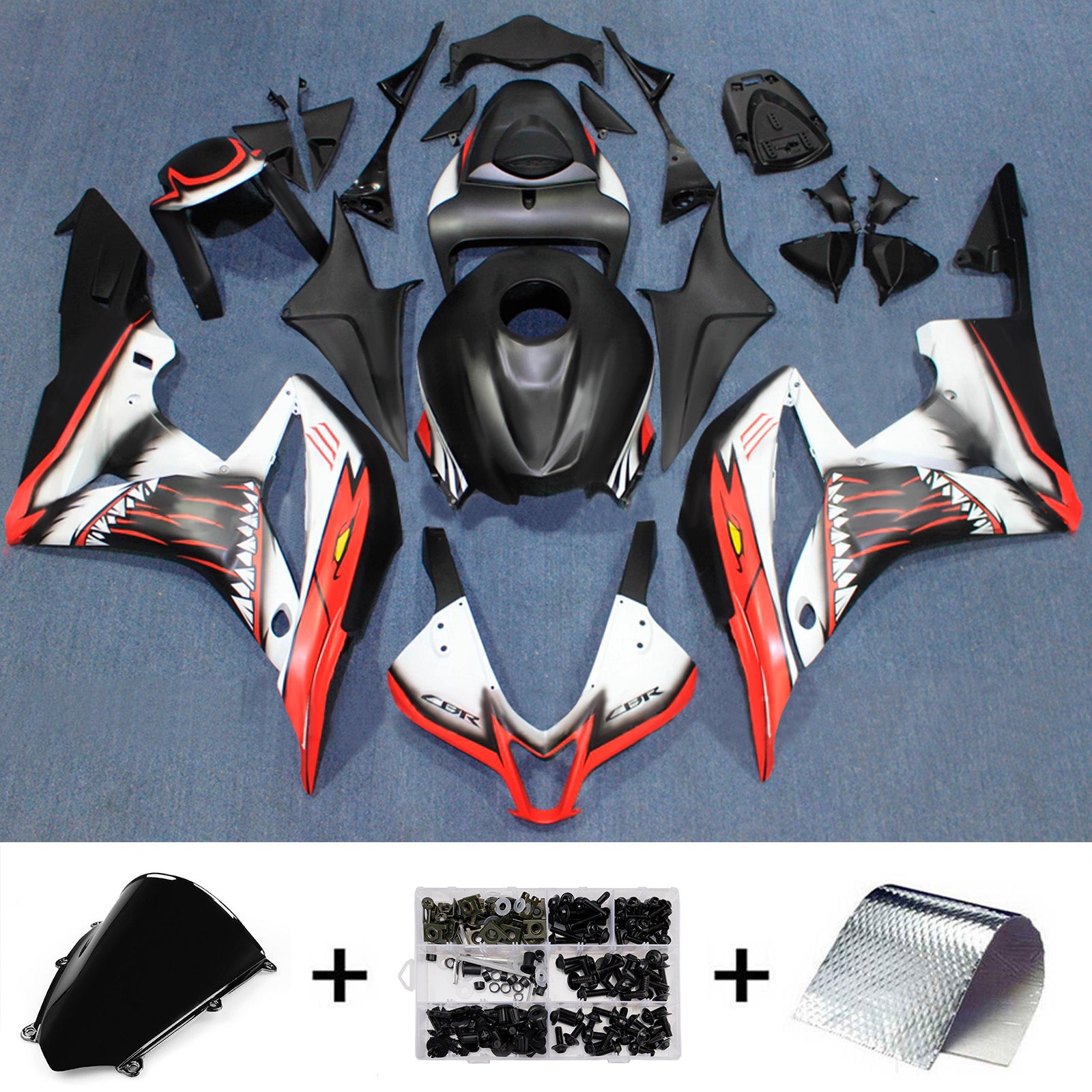 Amotopart 2007-2008 Honda CBR600RR White Black Shark Fairing Kit