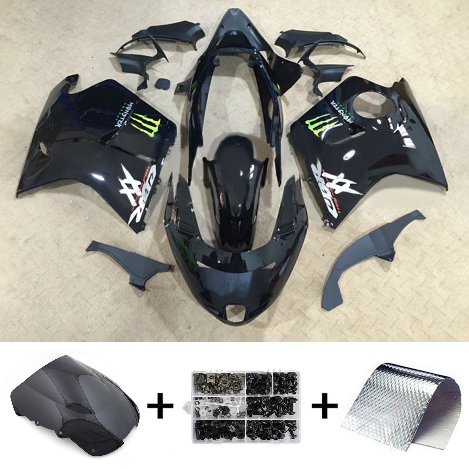 Amotopart 1996-2007 CBR1100XX SuperBlackBird ホンダ ブラック ホワイトロゴ付きフェアリングキット