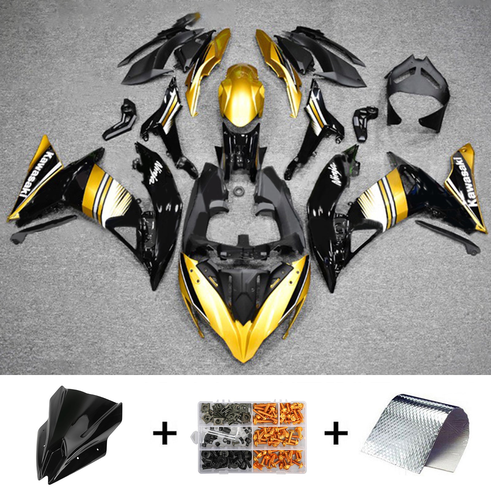 Amotopart 2017-2019 Kawasaki ER6F/Ninja 650R Kit de carenado negro y dorado