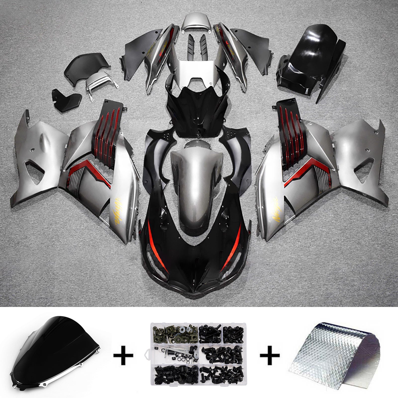 Amotopart 2012-2025 Kawasaki ZX14R ZZR1400 Black Grey Red Fairing Kit
