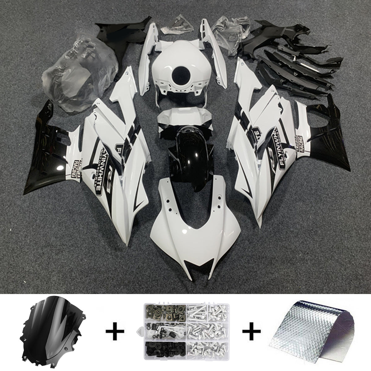 Amotopart 2019-2021 Yamaha YZF-R3 R25 Glossy Black White Fairing Kit