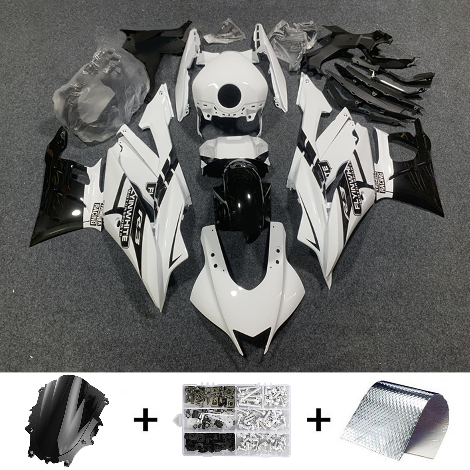 Amotopart 2019–2021 Yamaha YZF-R3 R25 Verkleidungssatz, glänzend schwarz/weiß