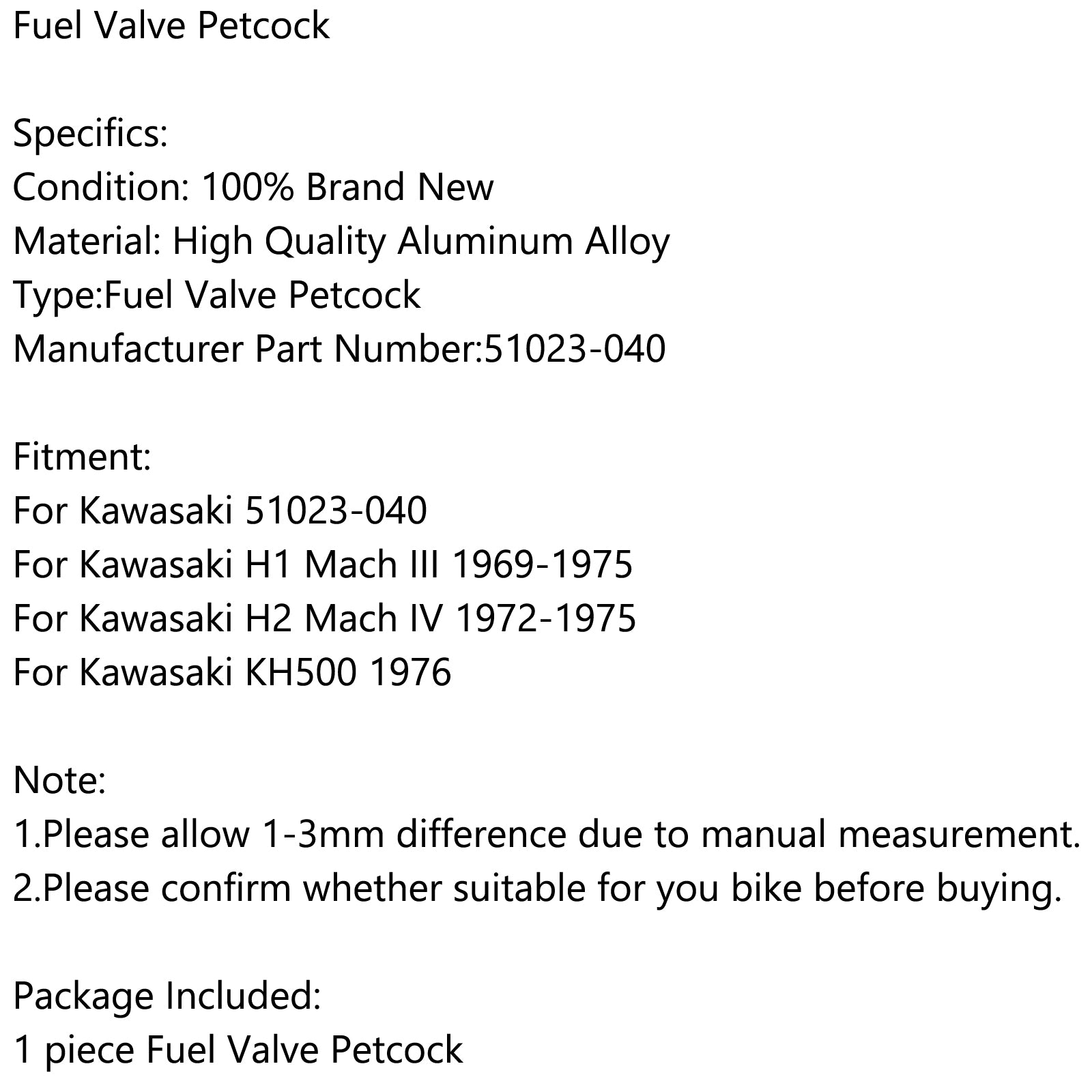 Gas Fuel Petrol Valve Petcock 51023-040 For Kawasaki H1 69-75 H2 72-75 KH500 76