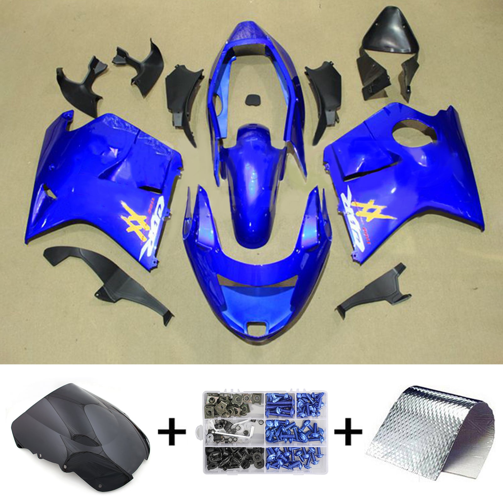 Amotopart 1996-2007 CBR1100XX SuperBlackBird ホンダ ブルー イエローロゴ付きフェアリングキット