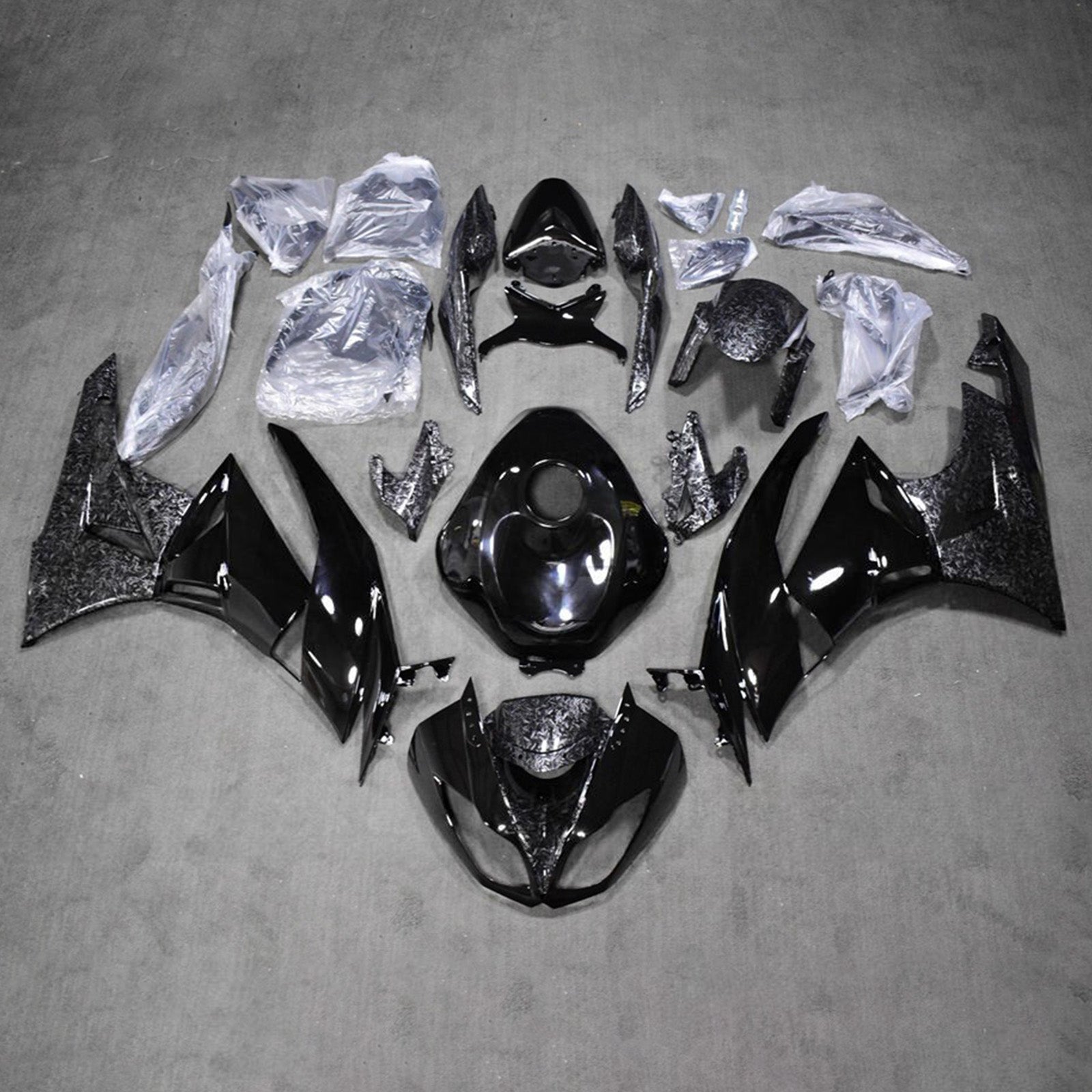 Amotopart 2009-2012 Kawasaki ZX6R 636 Glossy Black & Forged Carbon Fiber Pattern Fairing Kit