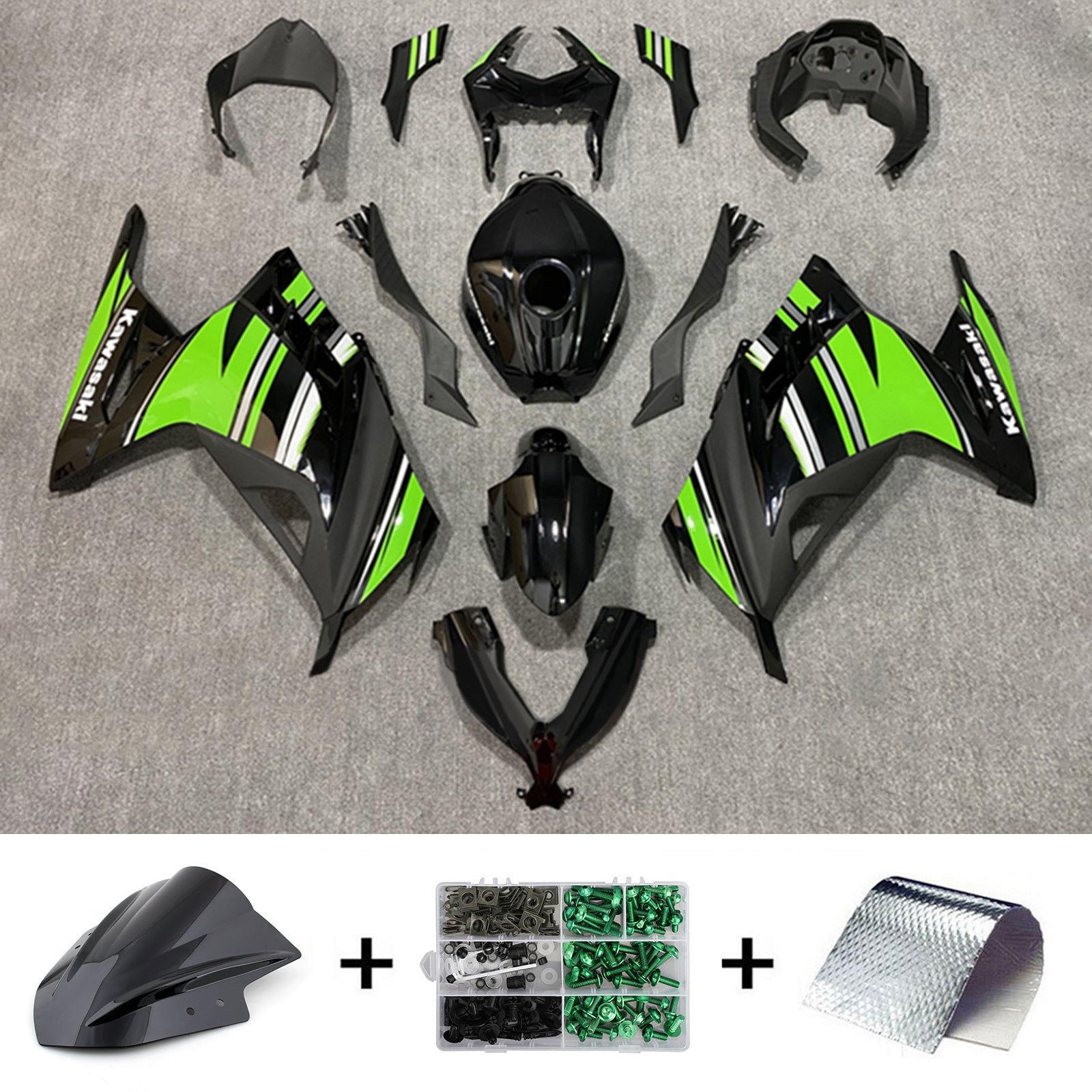 Amotopart 2013-2024 Kawasaki EX300/Ninja 300 ブラック & グリーン スタイル フェアリングキット