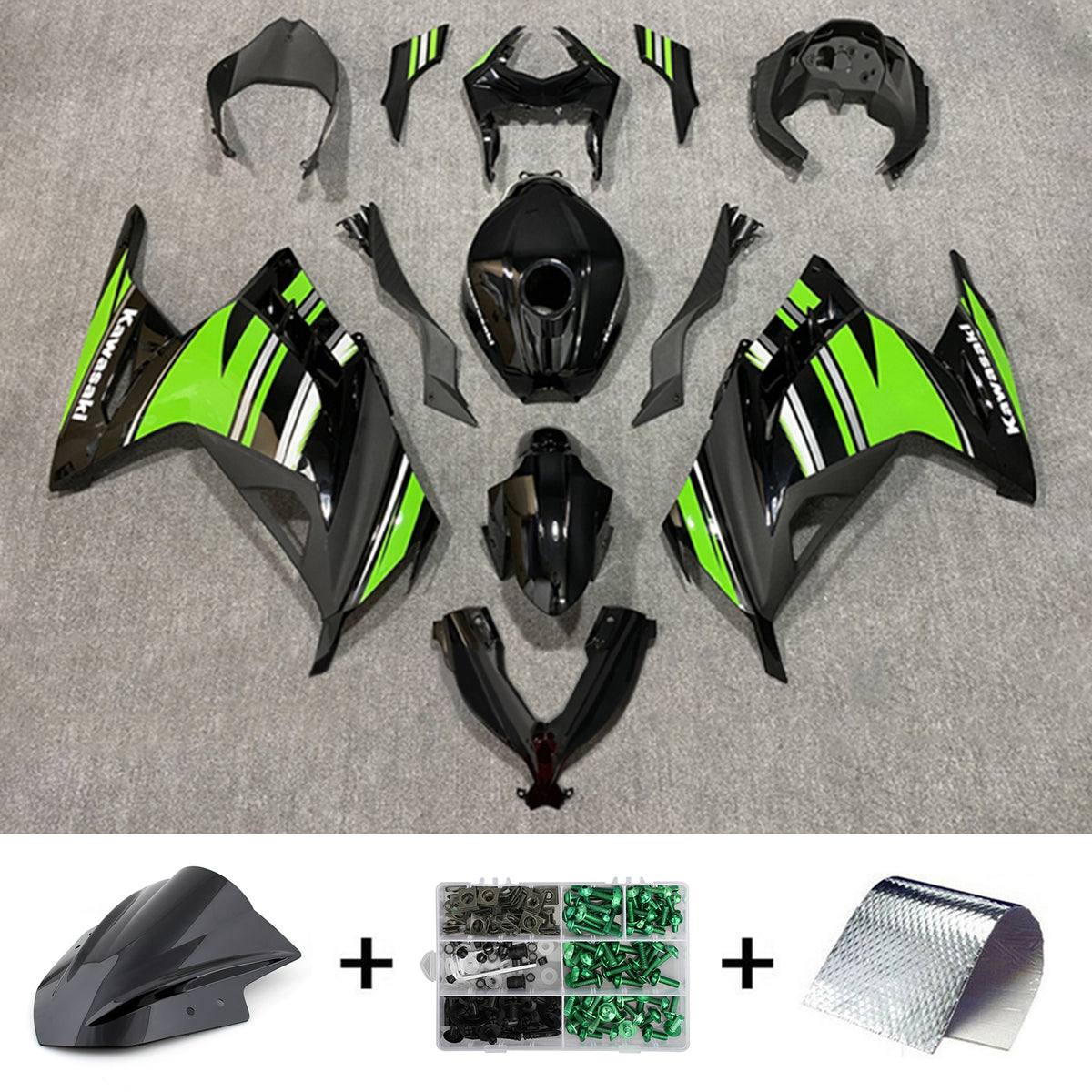 Amotopart 2013-2024 Kawasaki EX300/Ninja 300 ブラック & グリーン スタイル フェアリングキット