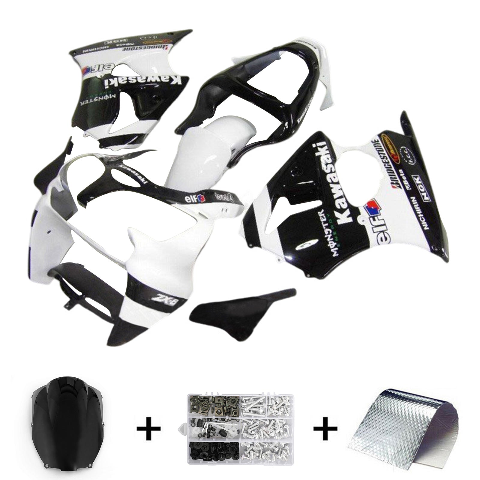 Amotopart 2000-2002 Kawasaki ZX6R 636 & 2005-2008 Kawasaki ZZR600 White Black Fairing Kit