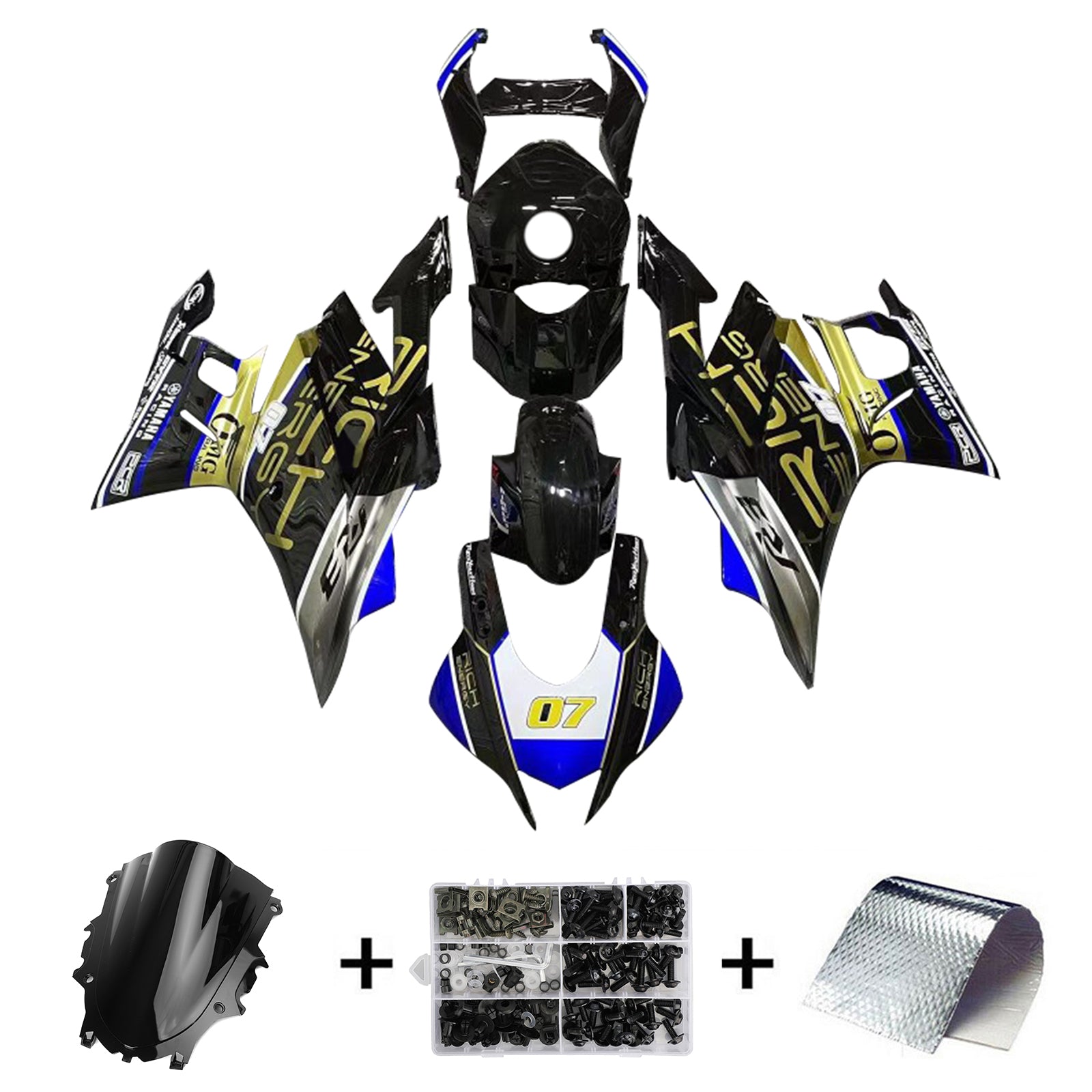 Amotopart Yamaha 2019-2021 YZF R3/YZF R25 Kit de carénage noir avec logo doré