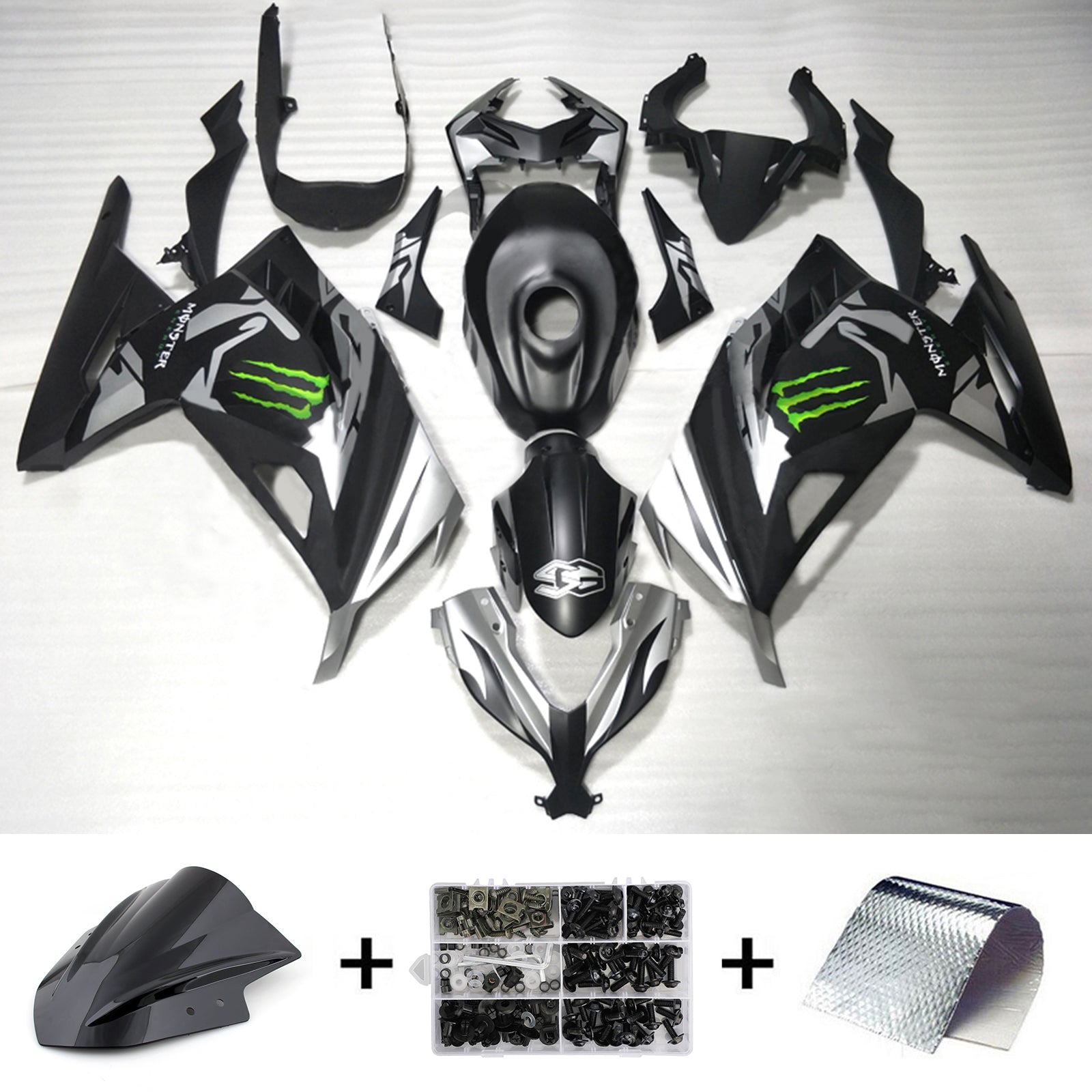 Amotopart 2013-2024 Kawasaki EX300/Ninja300 Schwarz mit grünem Monster-Logo Style2 Verkleidungssatz