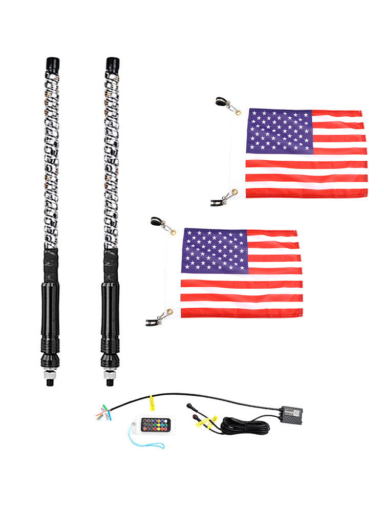 2X 2ft RGB LED APP Whip Lights Antenna W/ Flag Remote Control For Polaris UTV ATV