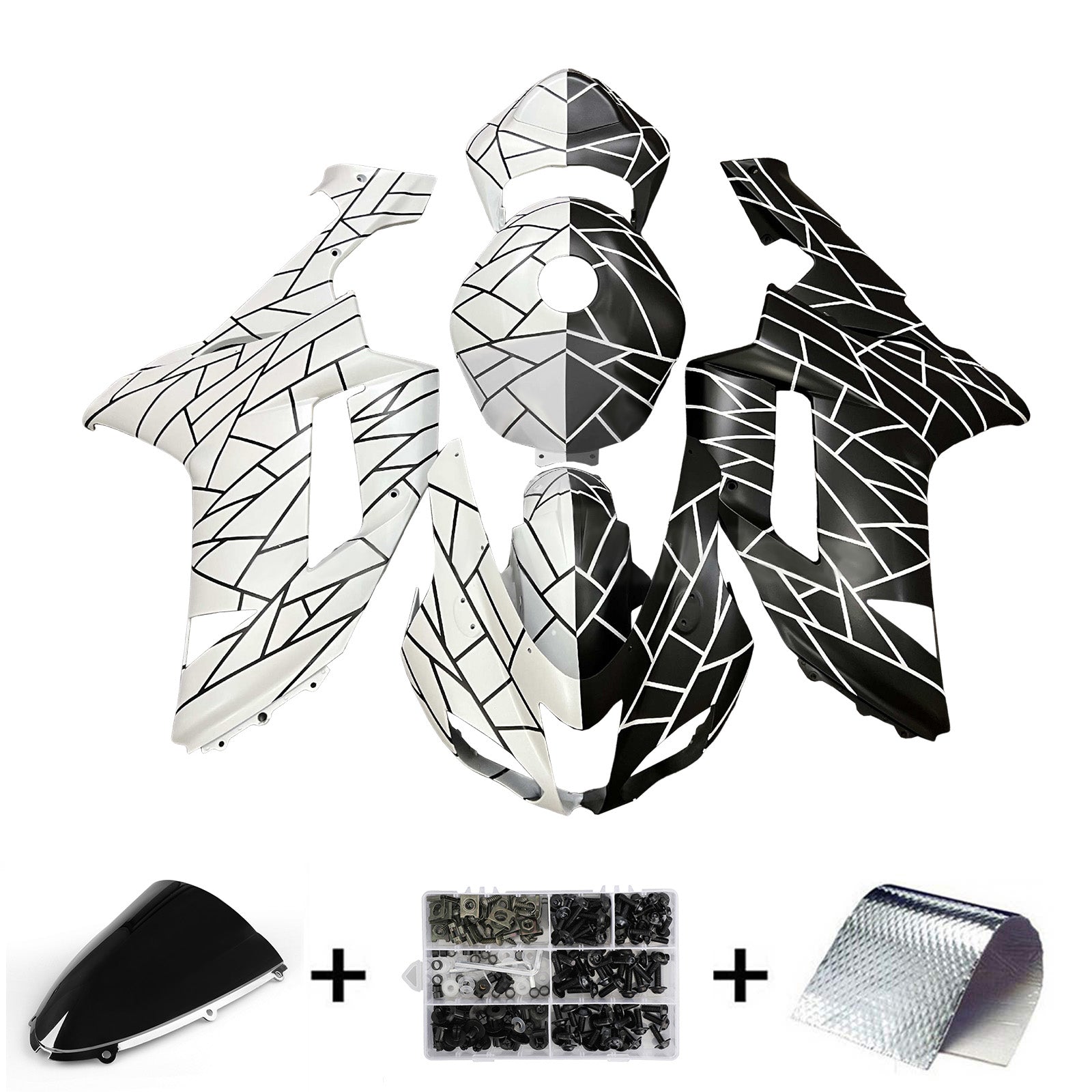 Amotopart 2007-2008 Kawasaki ZX6R 636 Black & White Fairing Kit