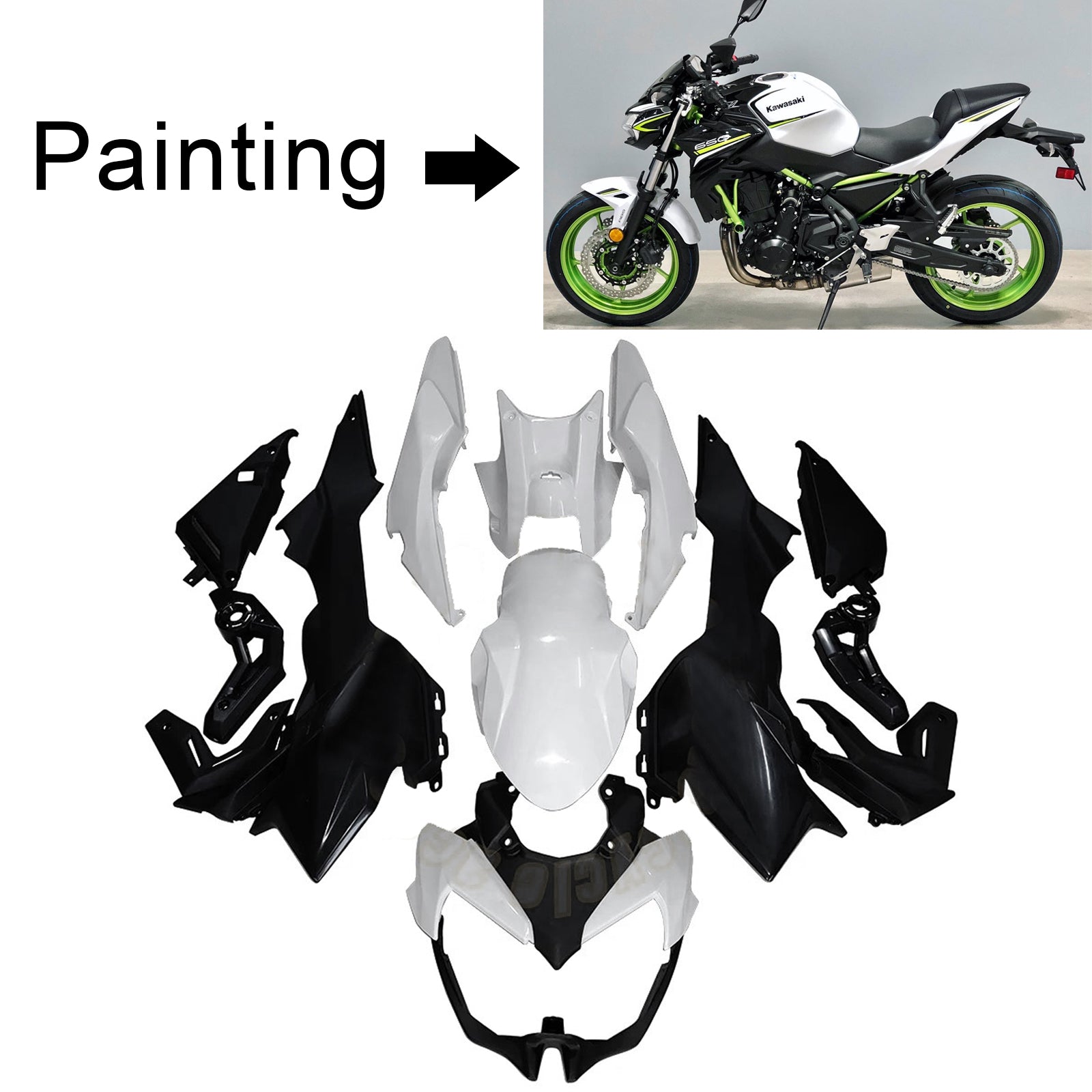 Amotopart 2020-2023 Kawasaki Z650 Weiß Schwarz Grün Verkleidungssatz