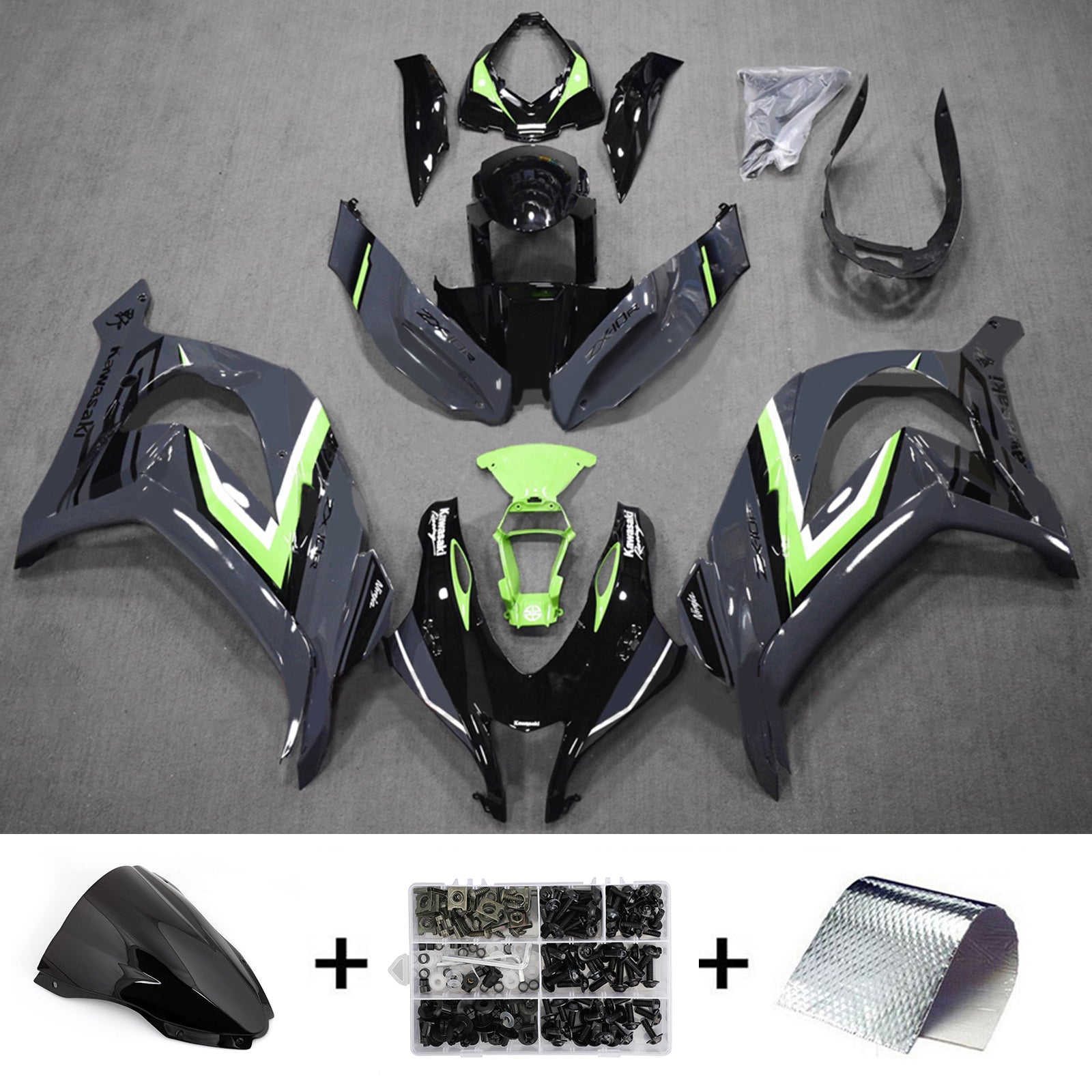 Amotopart 2016-2020 Kawasaki ZX10R Black Gray Green Fairing Kit