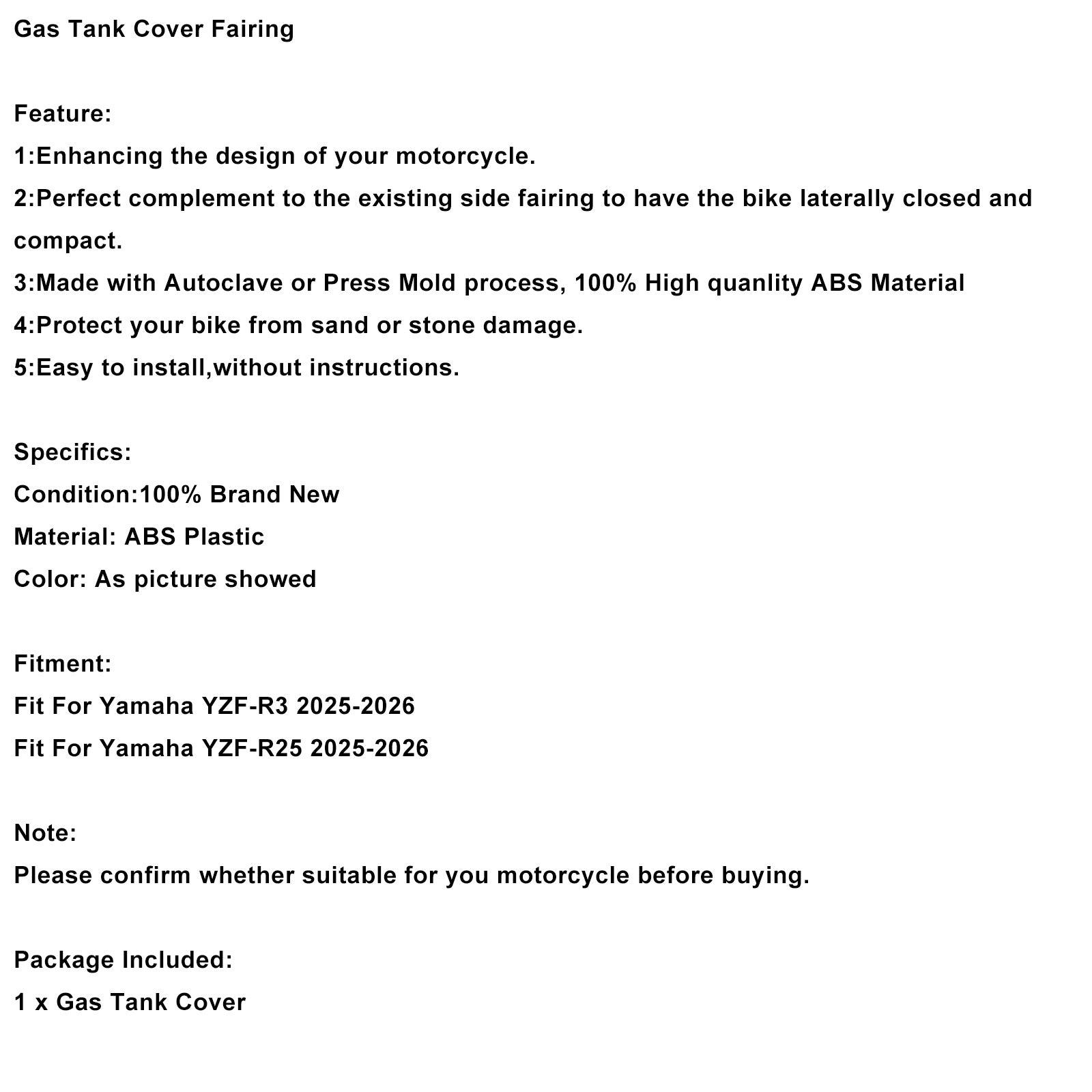 2025-2026 Yamaha YZF-R3 R25 Gas Tank Cover Fairing Protector