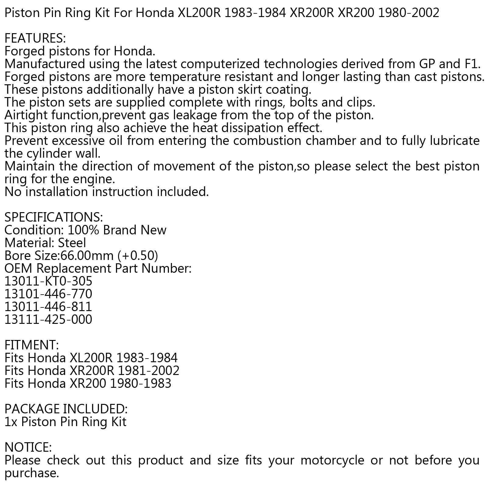 '+0.50MM Piston Sit - Bore Size ?66.00mm Fits Honda XL200 XR200R XR200 1980-2002