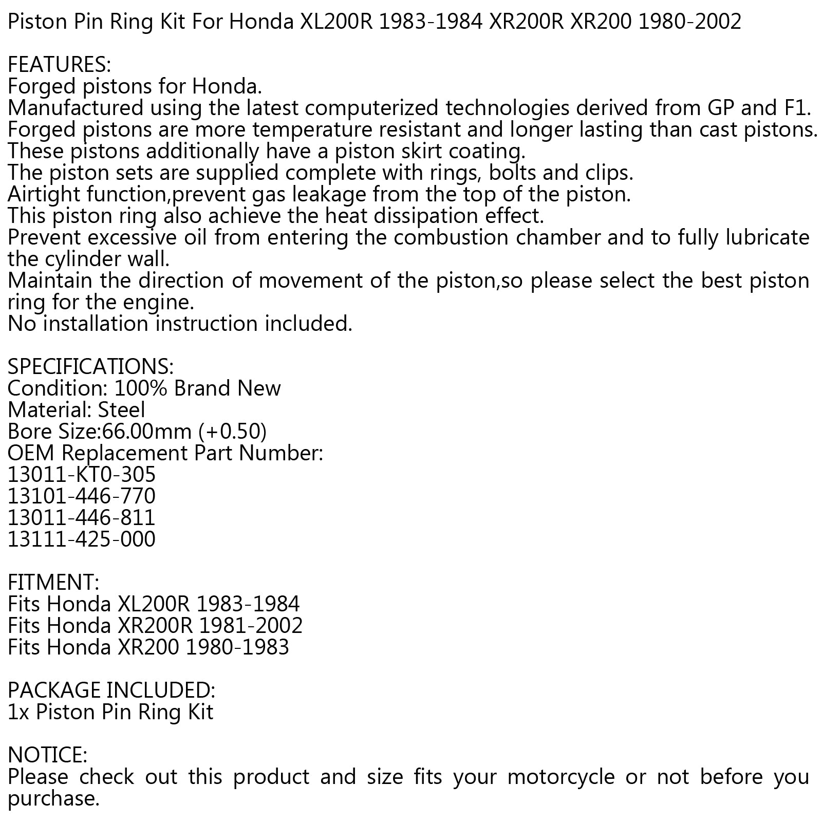 +0.50MM Piston Sit - Bore Size Ø66.00mm Fits Honda XL200 XR200R XR200 1980-2002