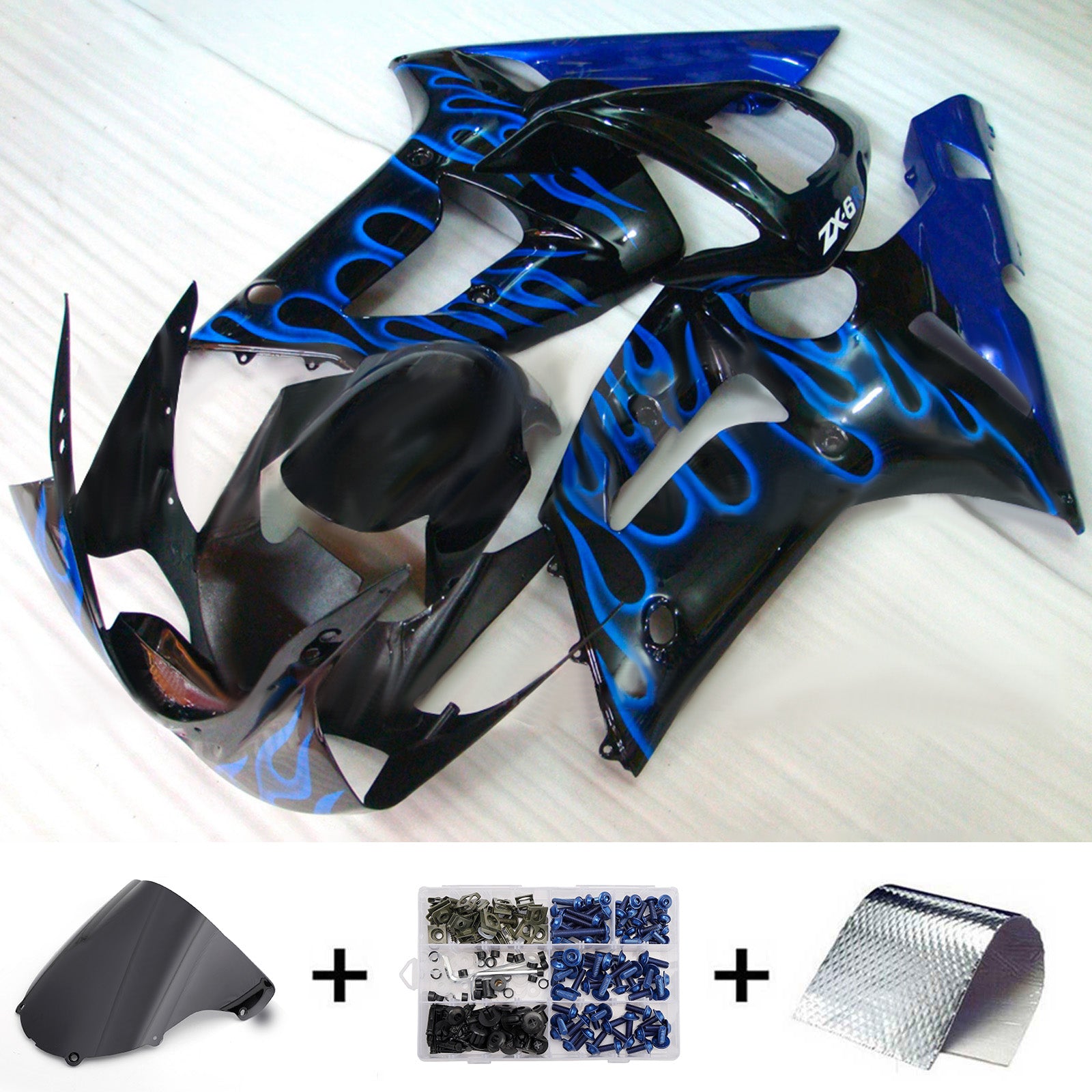 Amotopart 2003-2004 Kawasaki ZX6R 636 Black Blue Fairing Kit